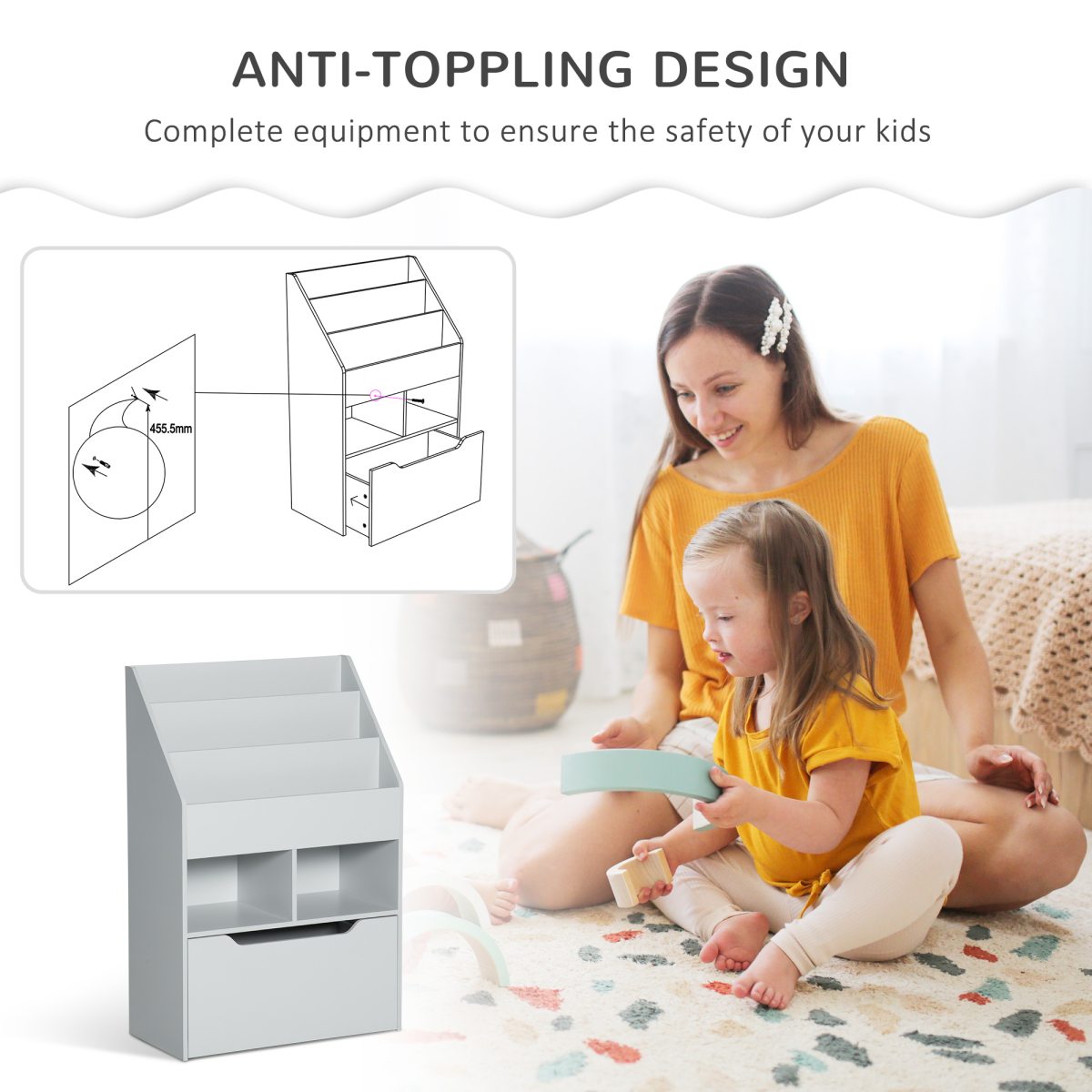 cortex-london-windsor-kids-bookshelf-toy-box-storage-drawer-wheels-grey