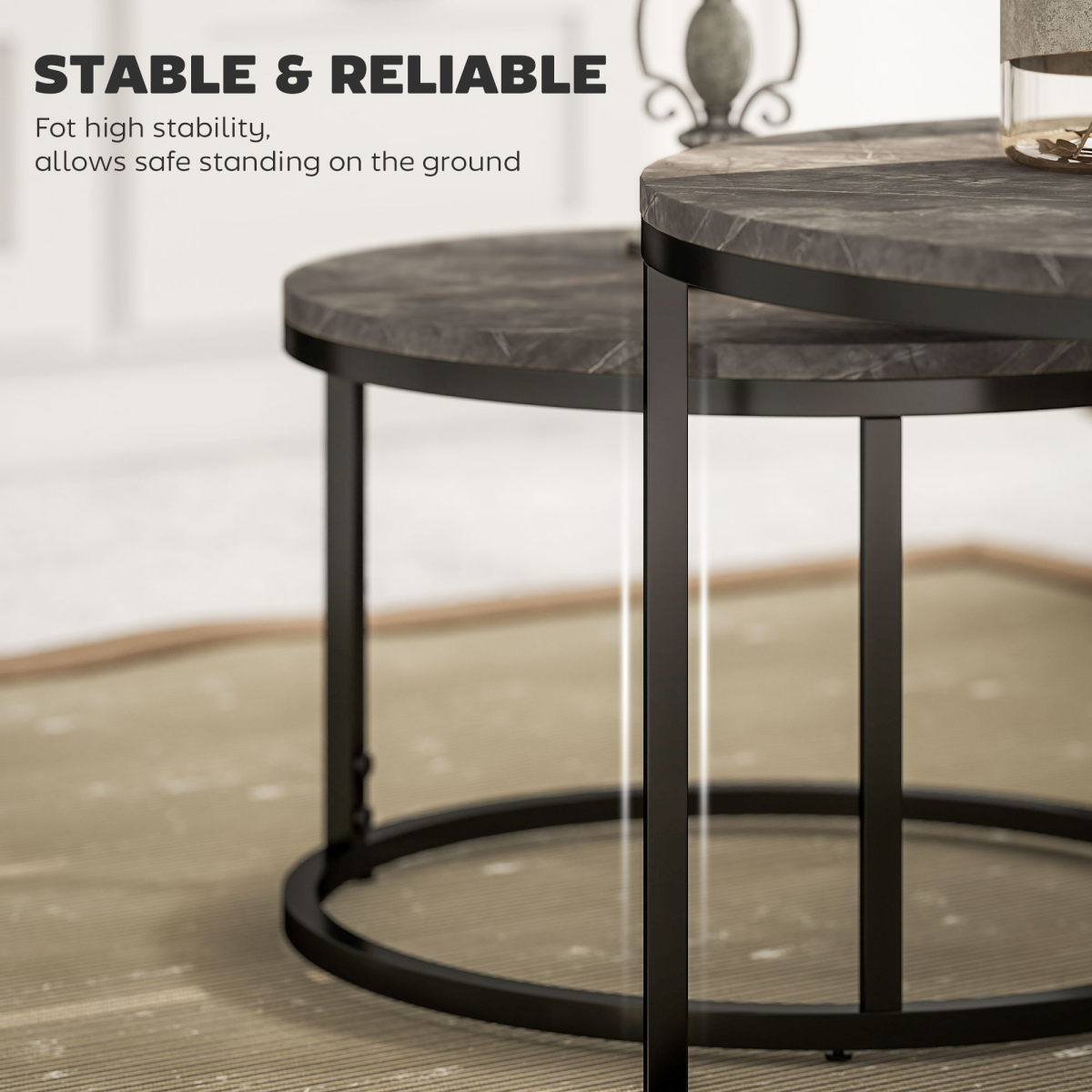 HOMCOM 2 Pcs Stacking Coffee Table Set Steel Frame Marble-Effect Top Foot Pads