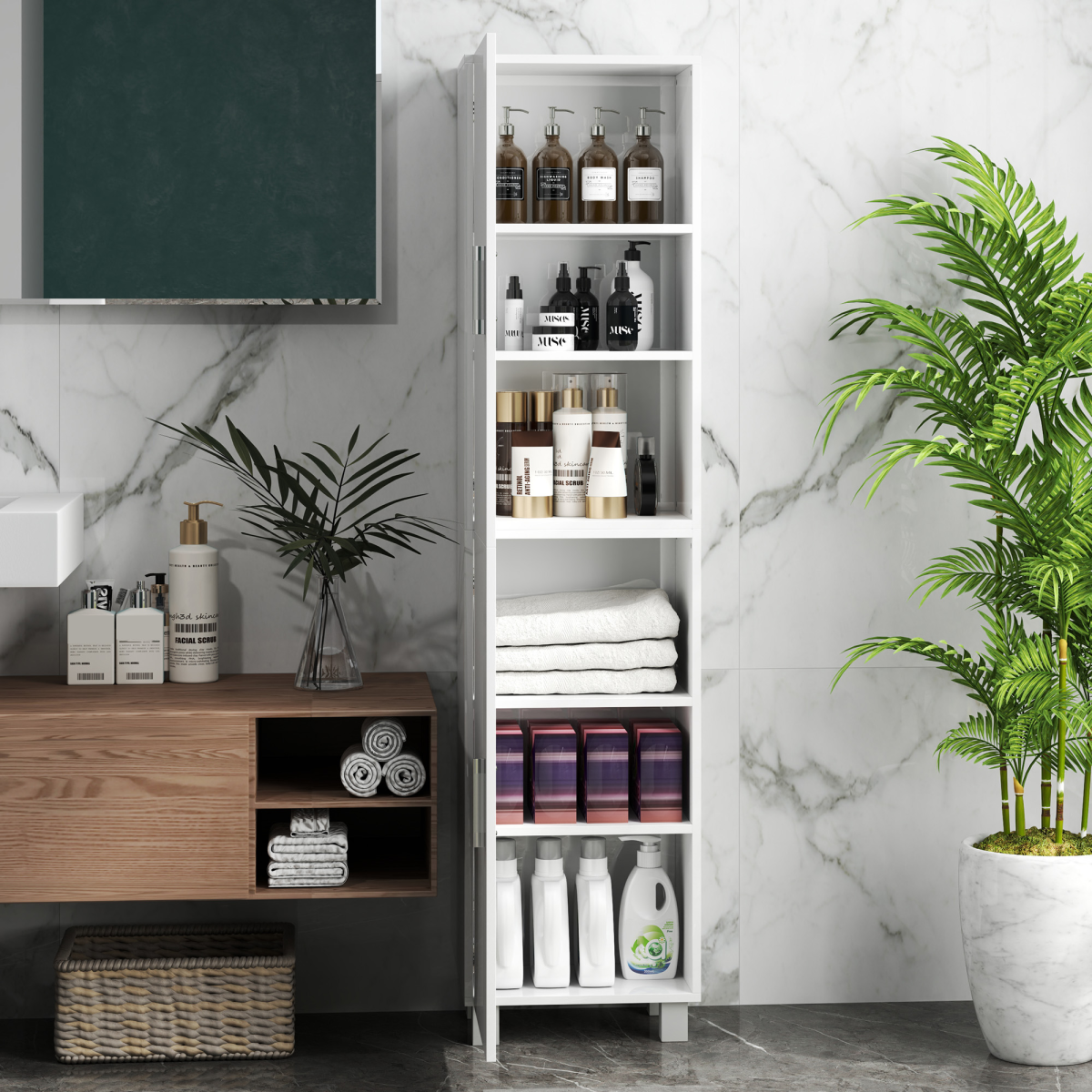 HOMCOM Tall Storage Cabinet with Adjustable Shelves and Double Doors