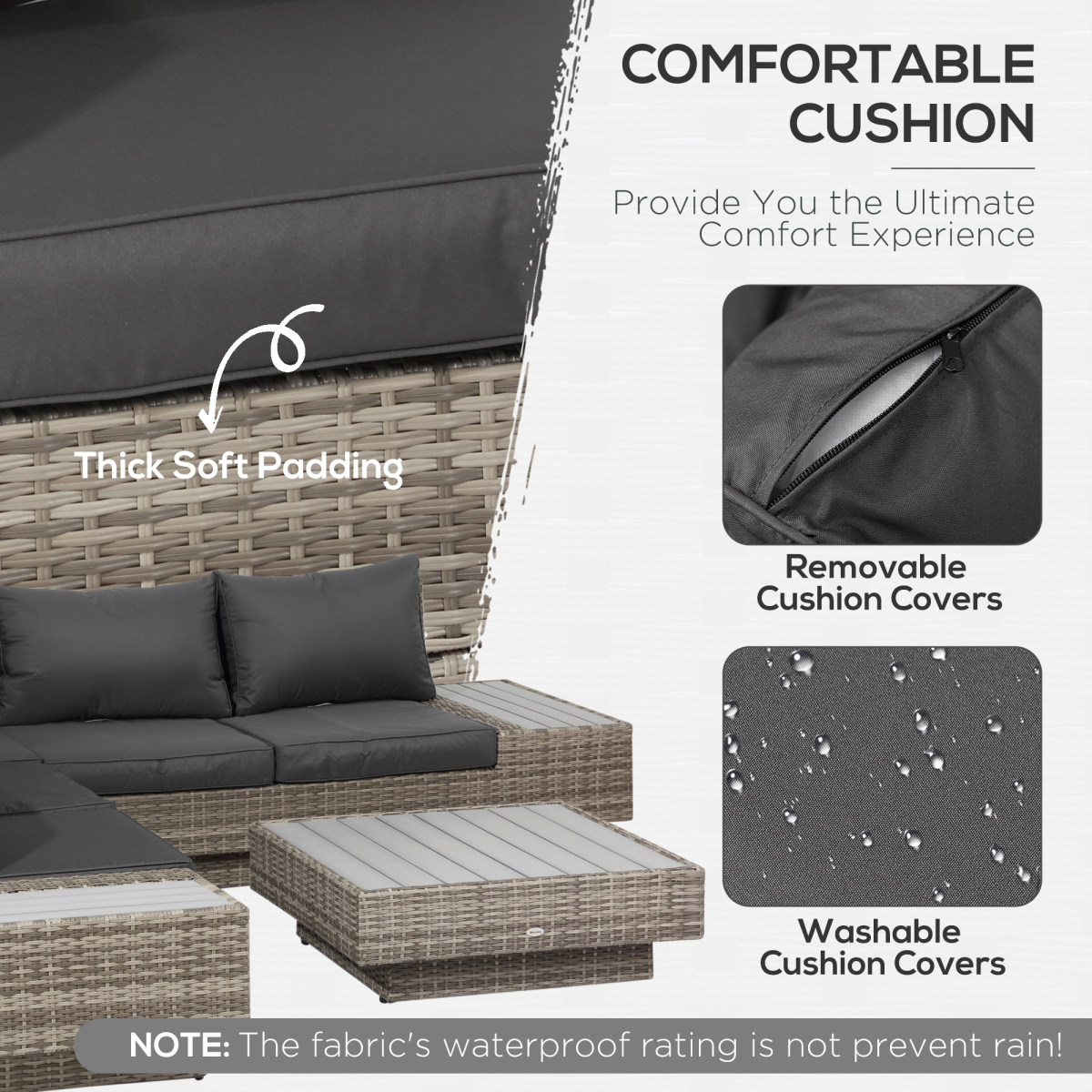 5-Seater Rattan Sectional Corner Sofa Table Set  Cushions - Light Grey