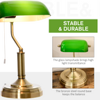 Banker's Table Lamp Desk Lamp w/Antique Bronze Base, Glass Shade and Pull Rope