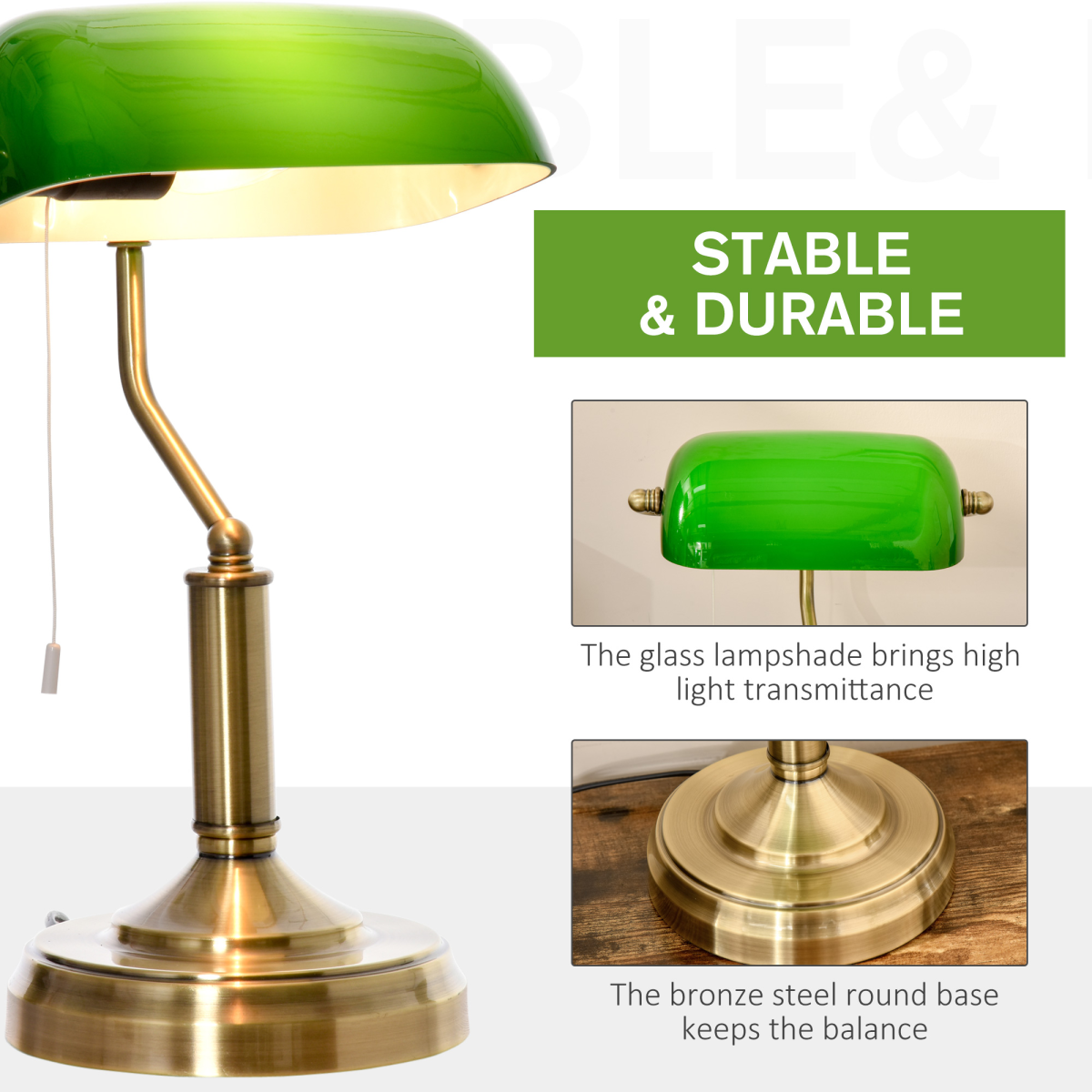 Banker's Table Lamp Desk Lamp w/Antique Bronze Base, Glass Shade and Pull Rope