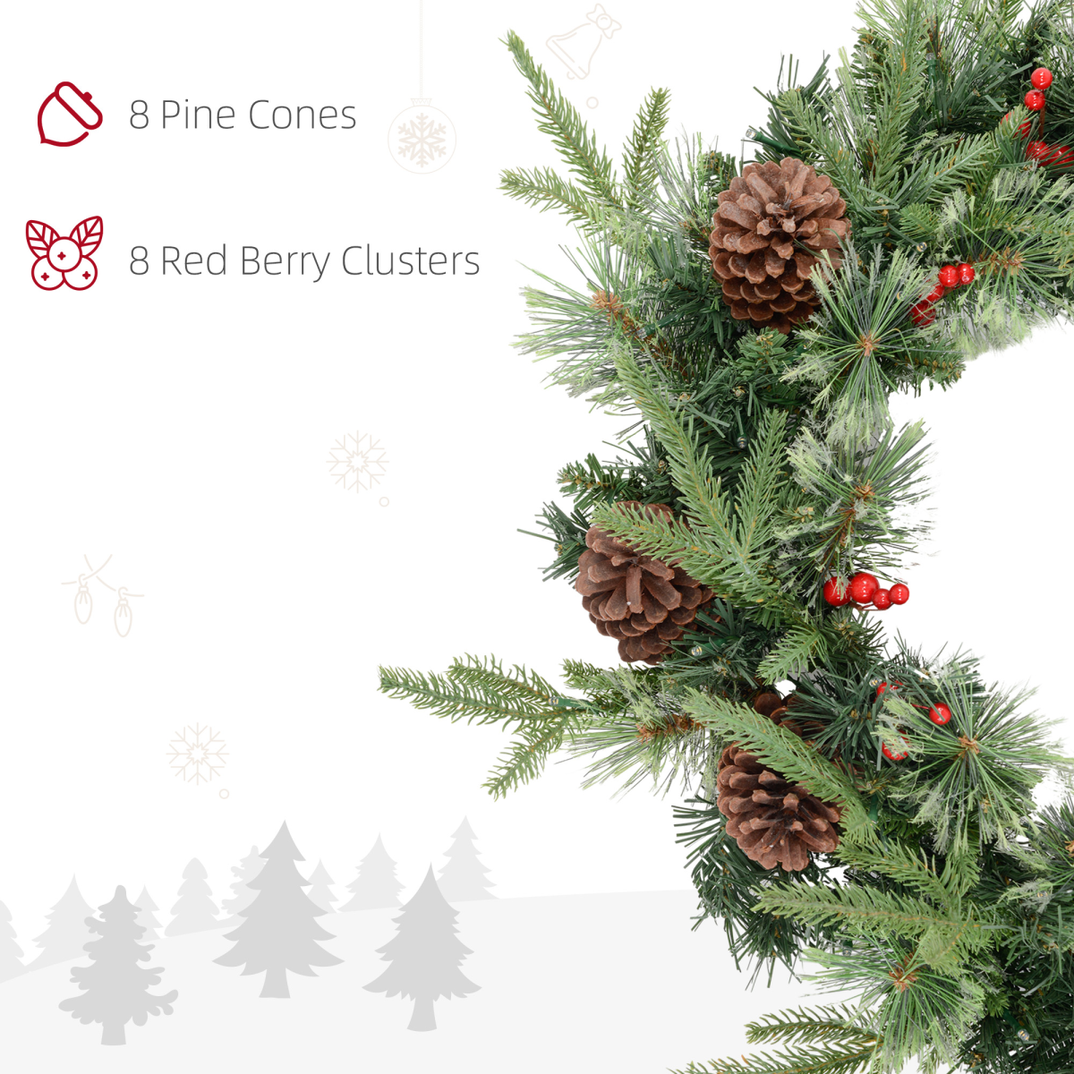 HOMCOM 60cm Christmas Wreath with LED Lights Pine Cones Red Berries Green