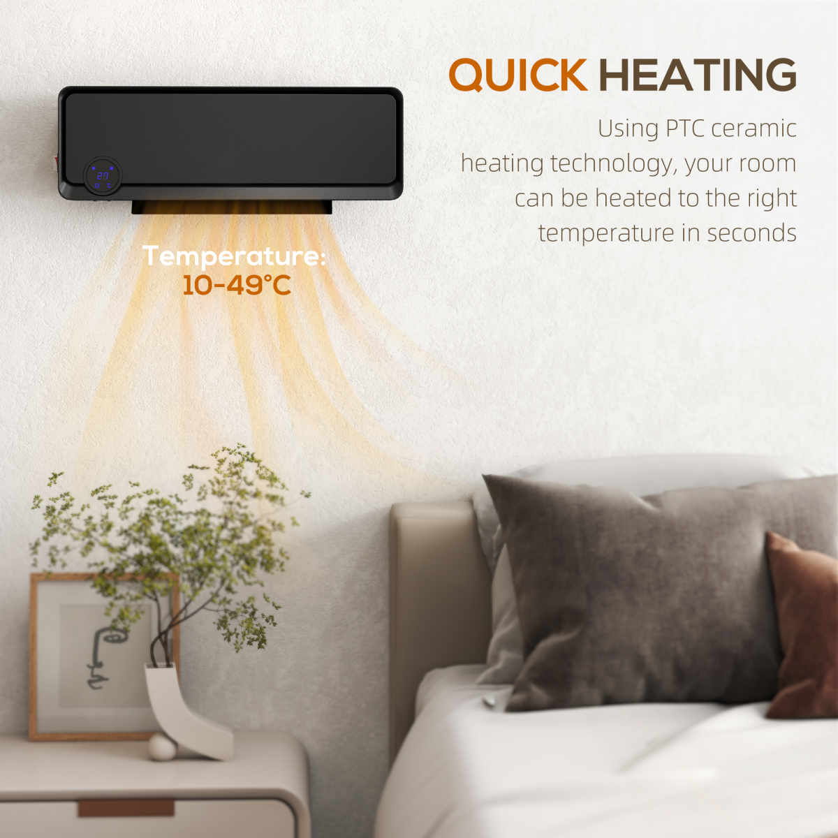 HOMCOM 1000W/2000W Wall Downflow Heater 10-49°C Temperature w/ Timer, Black