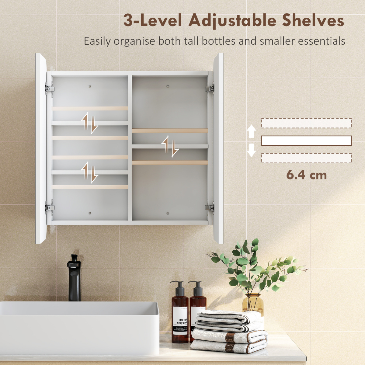 HOMCOM Arched Bathroom Mirror Cabinet, Wall Mounted Mirrored Cabinet