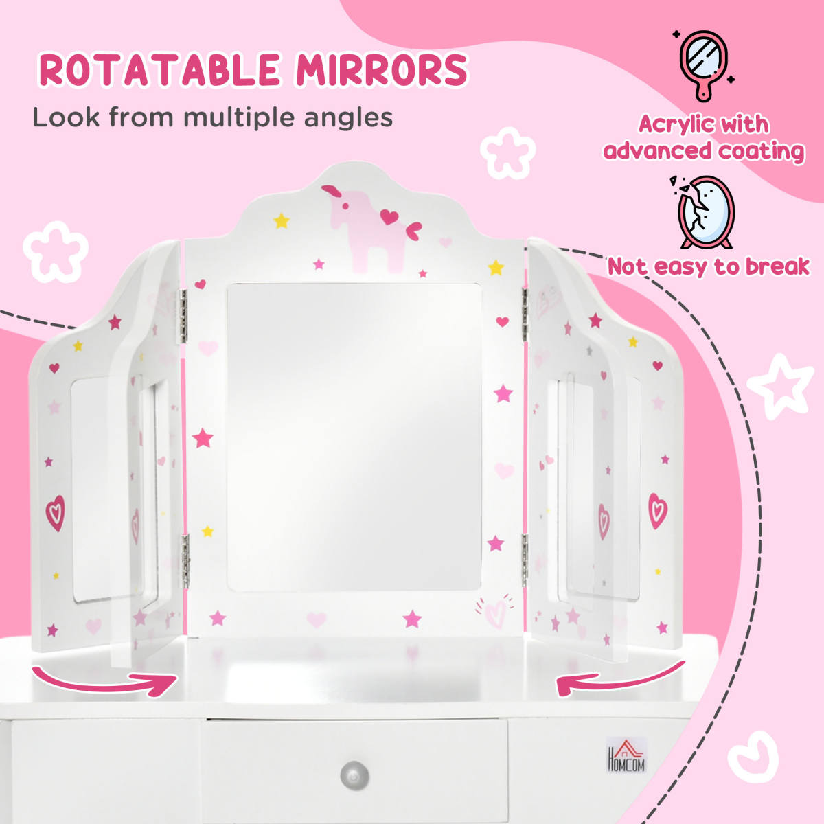 cortex-london-kensington-kids-vanity-table-stool-three-rotatable-mirrors-drawer-homcom