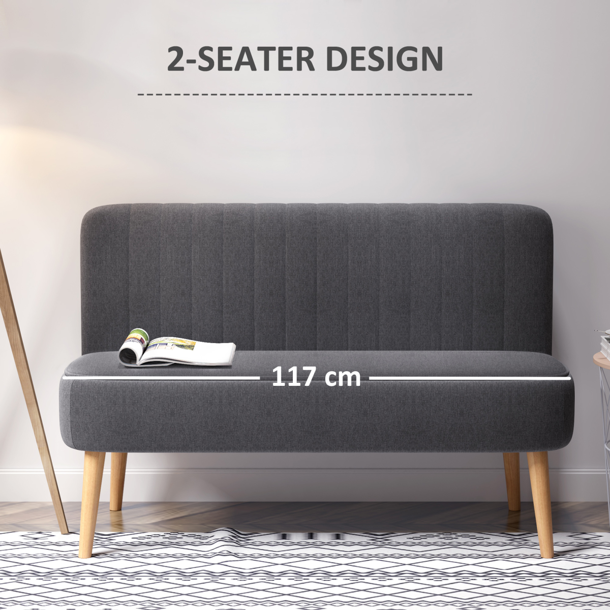 Modern Double Seat Sofa Loveseat Couch Padded Linen Wood Legs, Dark Grey