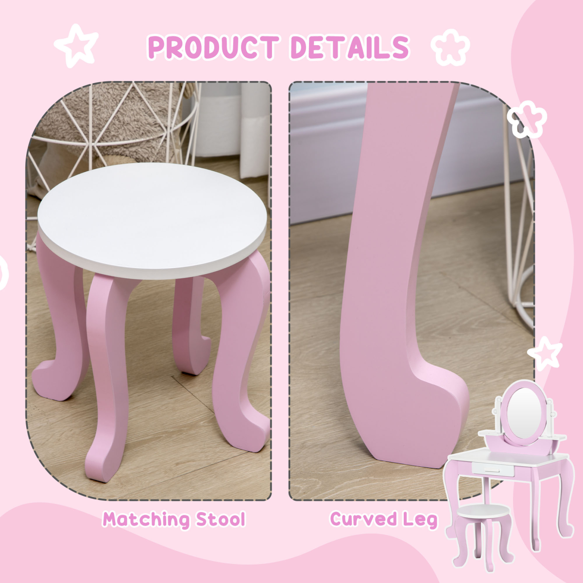 cortex-london-windsor-kids-pink-dressing-table-mirror-stool-drawer