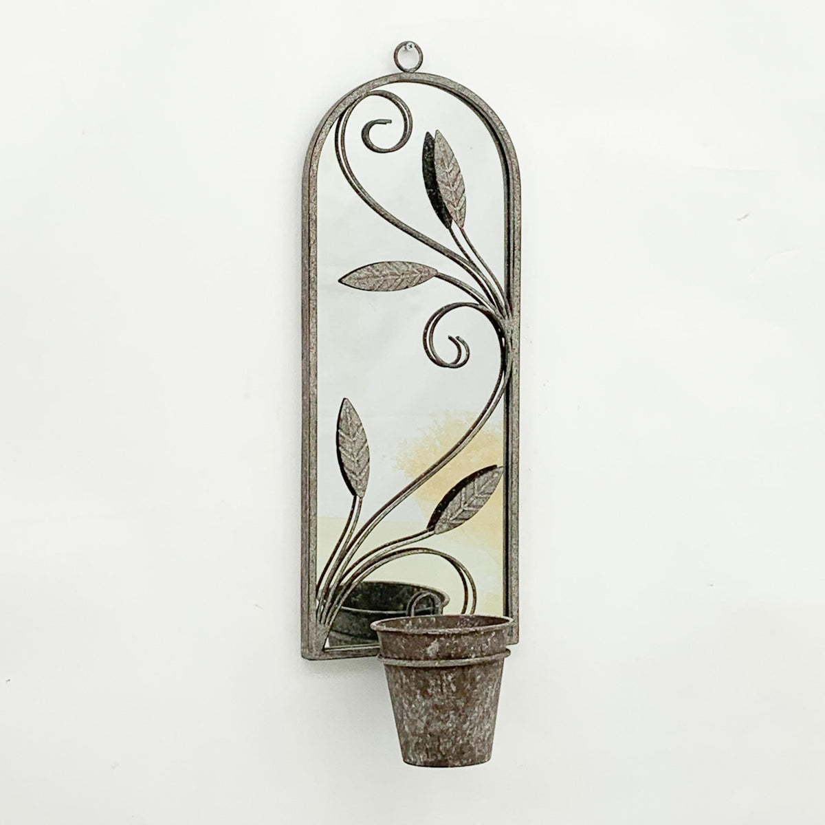 Elegant Rustic Arched Garden Wall Mirror with Flower Pot Holder - Patina Finish, Glass & Metal Frame, 60cm Height - Perfect Planter for Balcony, Porch & Outdoor Aesthetics (1, Leaf Design)