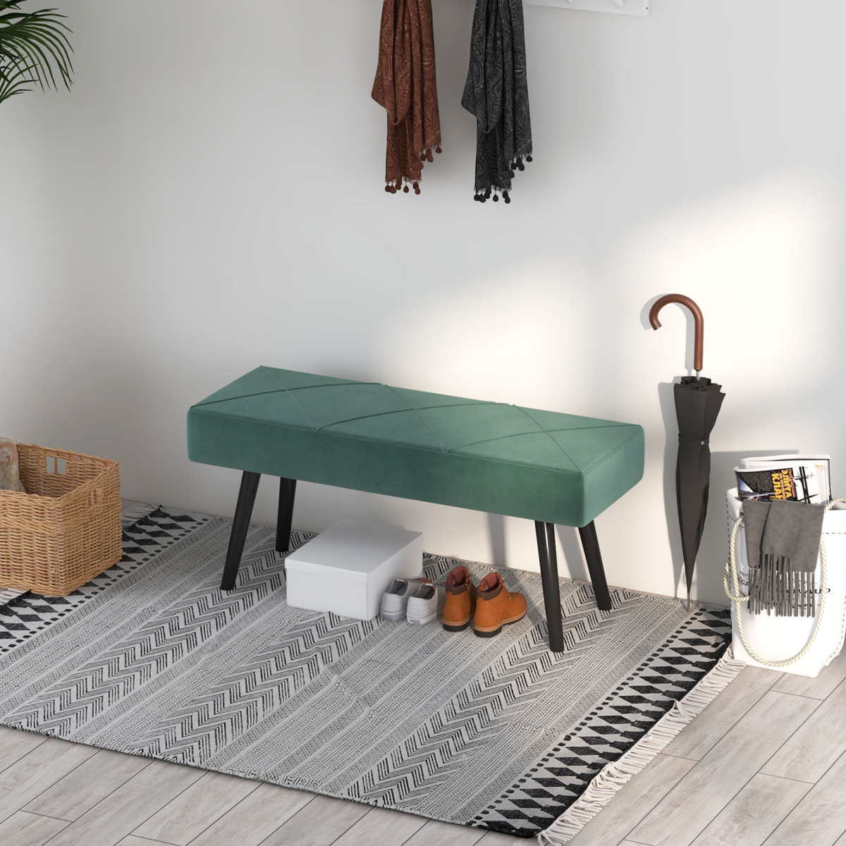 cortex-london-windsor-green-velvet-feel-upholstered-end-of-bed-bench-with-steel-legs