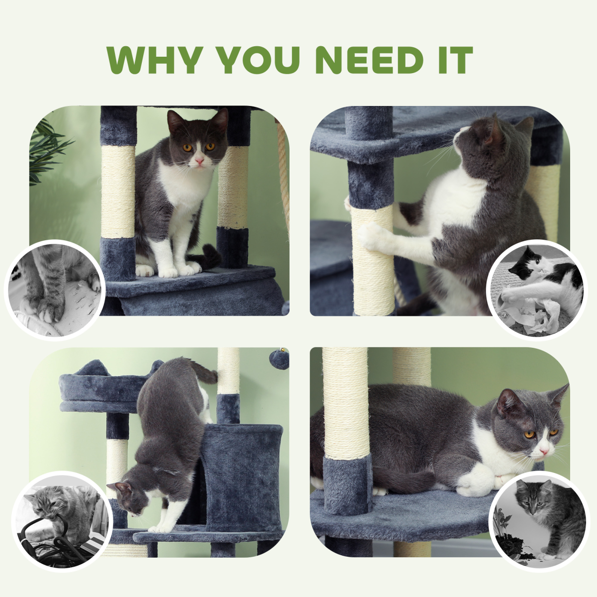 PawHut 206cm Cat Tree with Scratching Posts, Beds, Condos, Toys, Dark Grey