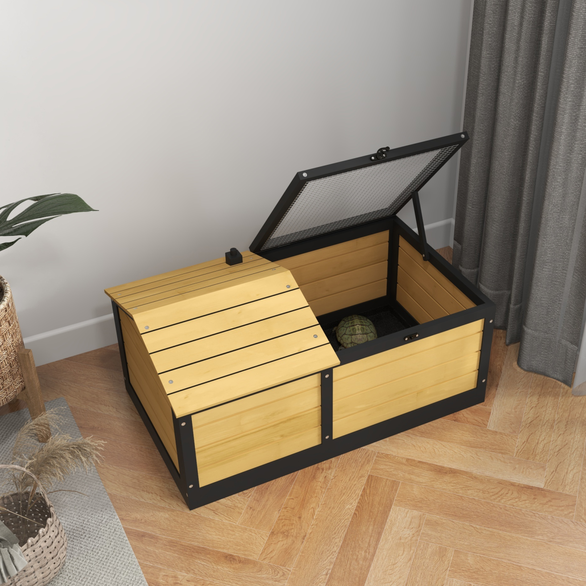 cortex-london-windsor-pawhut-yellow-wooden-tortoise-house-hide-shelter-run