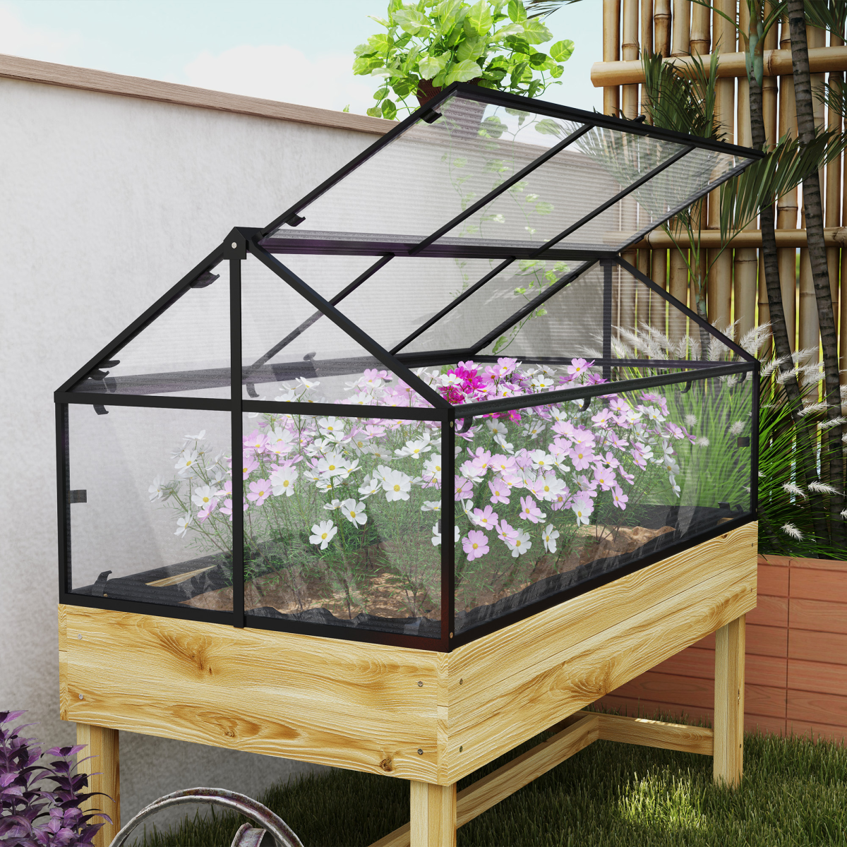 cortex-london-kew-raised-garden-bed-grow-house-polycarbonate-panel-grey-natural-wood-finish