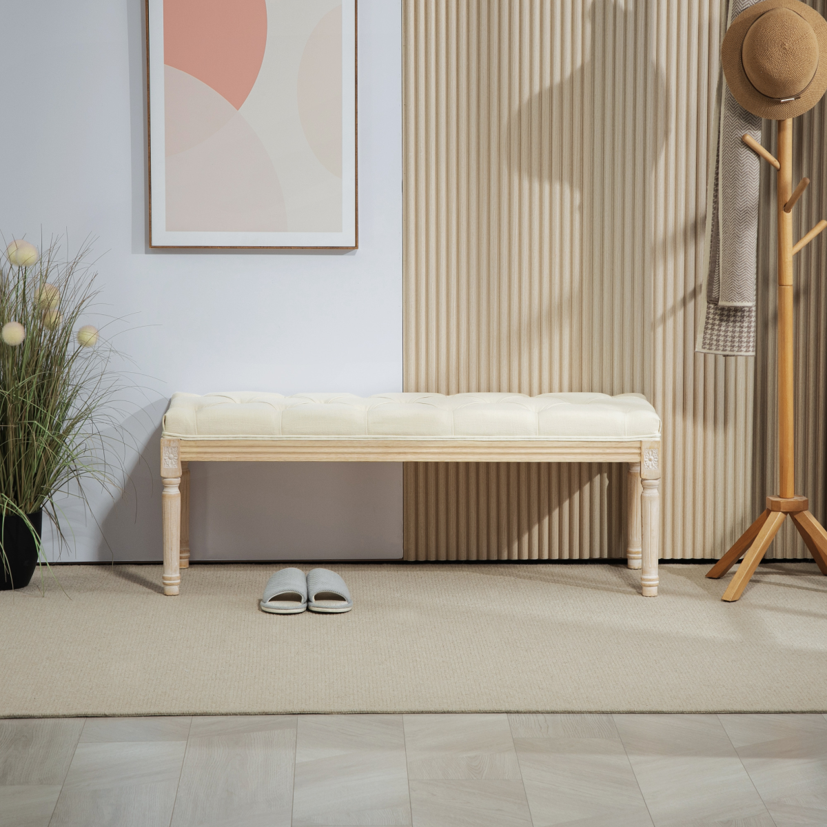 HOMCOM End of Bed Bench Upholstered Foot Stool Linen-Touch Ottoman Cream