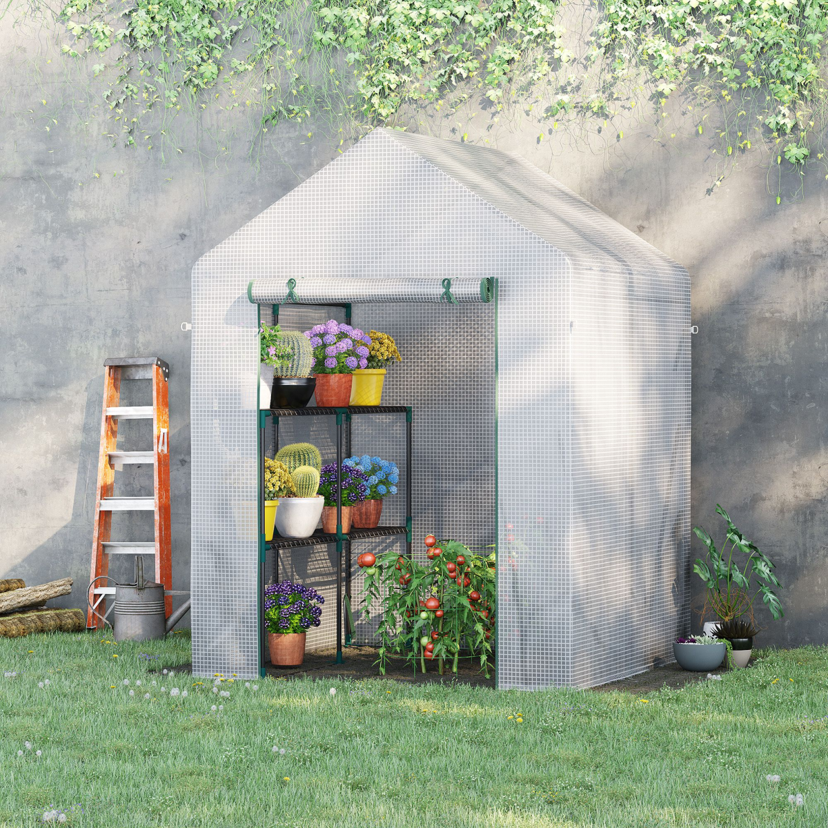 cortex-london-york-mini-greenhouse-green-steel-pe-cover-metal-shelves