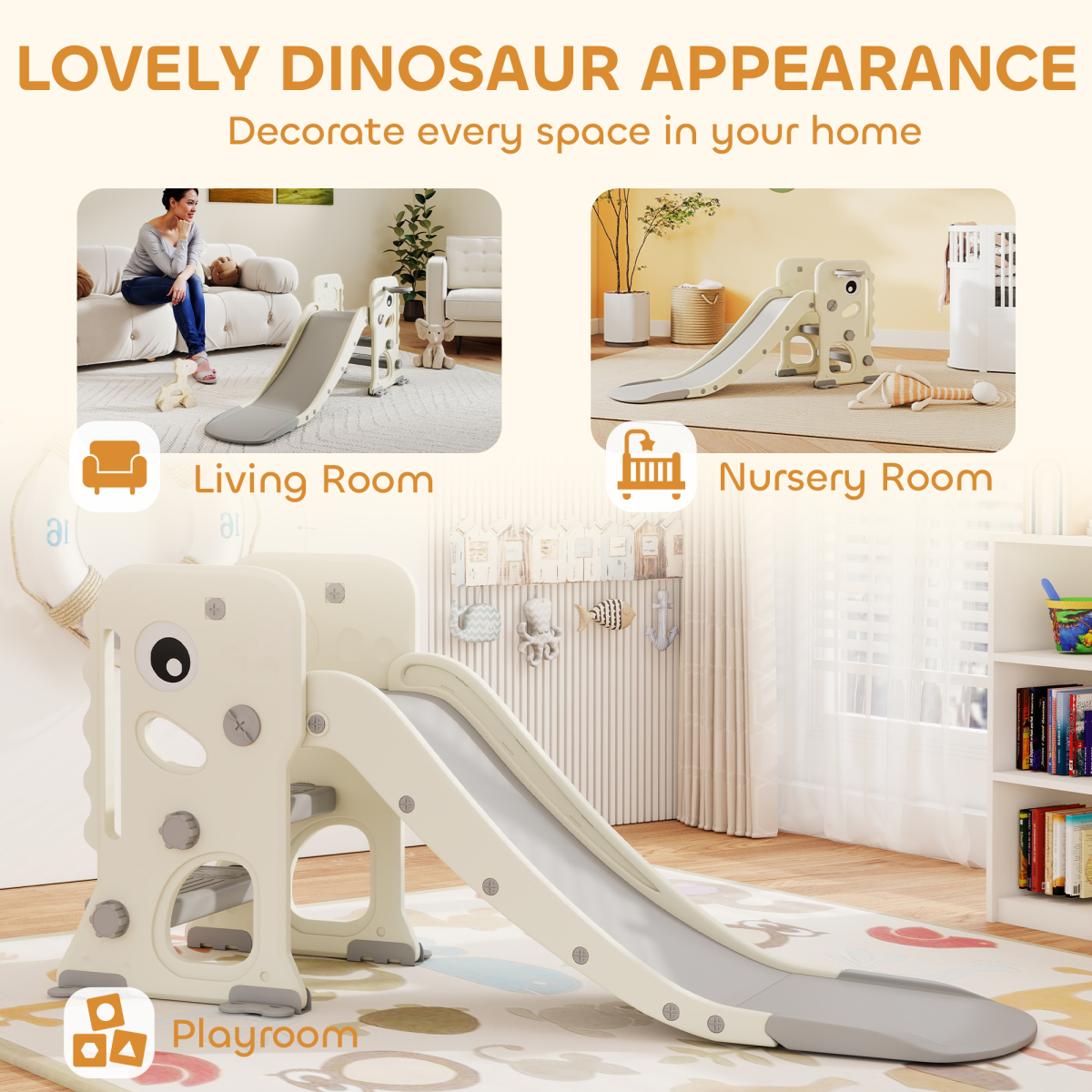 cortex-london-windsor-dinosaur-kids-slide-climber-basketball-hoop-cream-white
