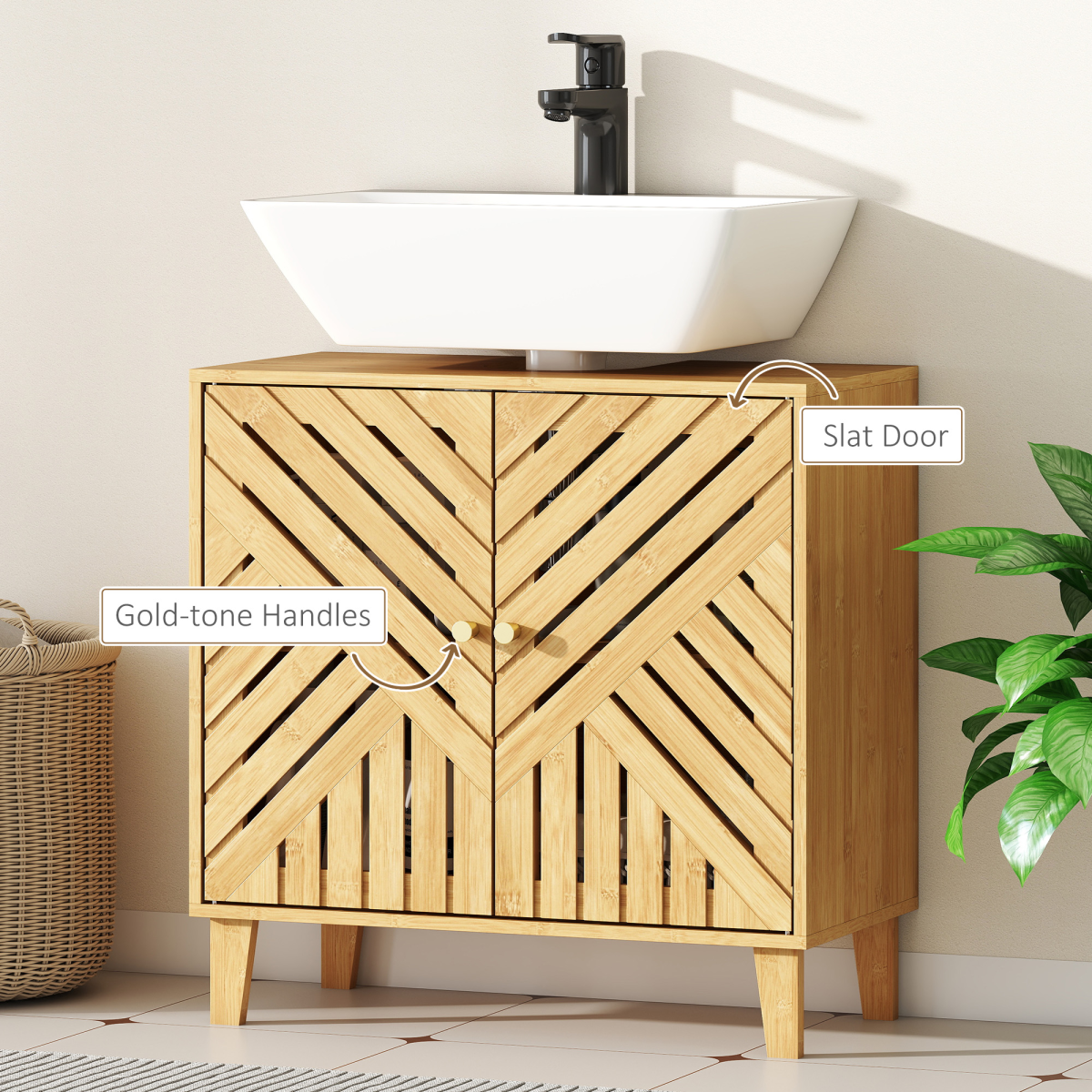 HOMCOM Bamboo Bathroom Under Sink Cabinet with Adjustable Shelf, Natural