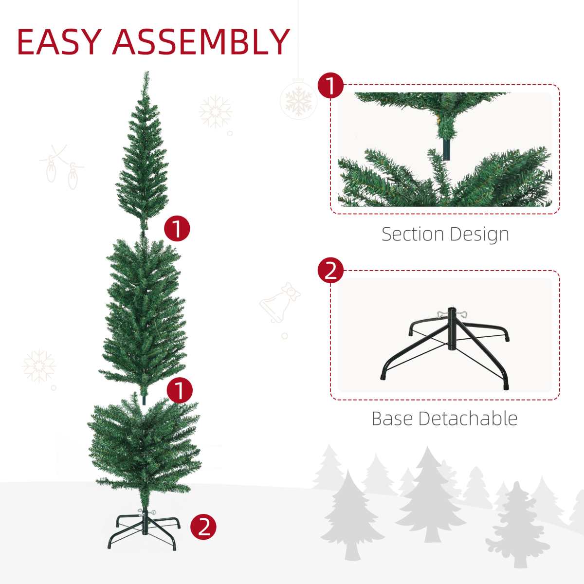 HOMCOM 6ft Artificial Pencil Christmas Tree with Colourful Lights, Steel Base