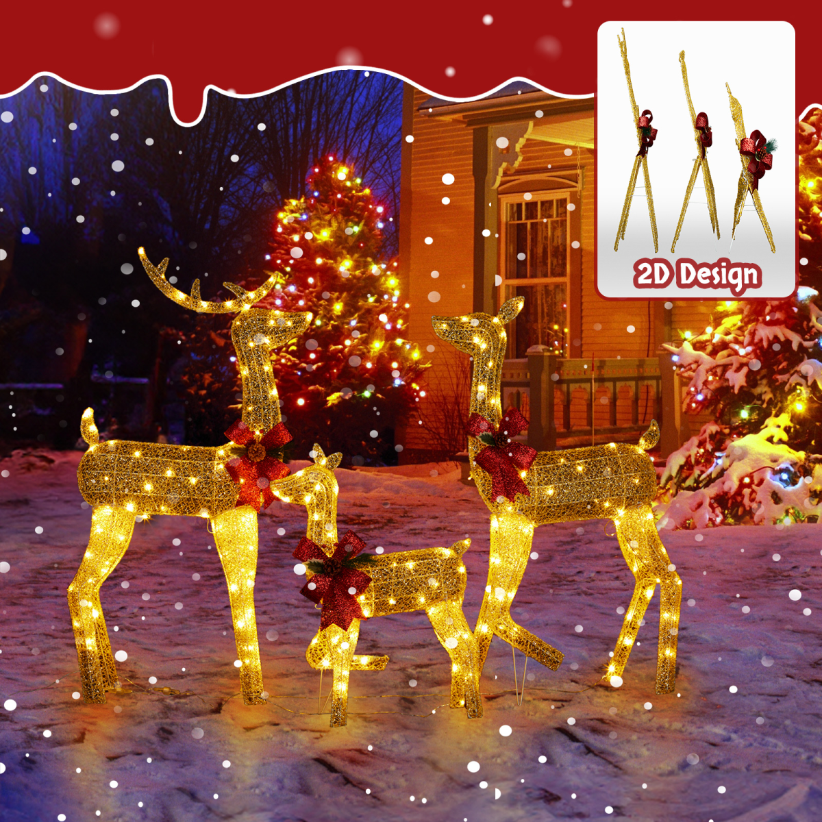 3-Piece Lighted Christmas Reindeer Family Set Outdoor Decorations, Weather Proof 2D Deer Family Set of 3 Christmas Ornament Home Decor Pre-lit 200 LED Warm White Lights with Stakes, Golden