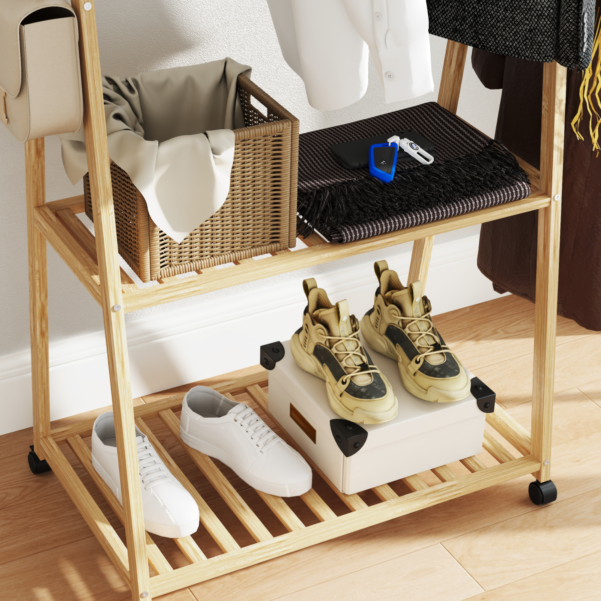 HOMCOM Bamboo Clothes Rail Rack with 2 Storage Shelves, Natural Wood Effect