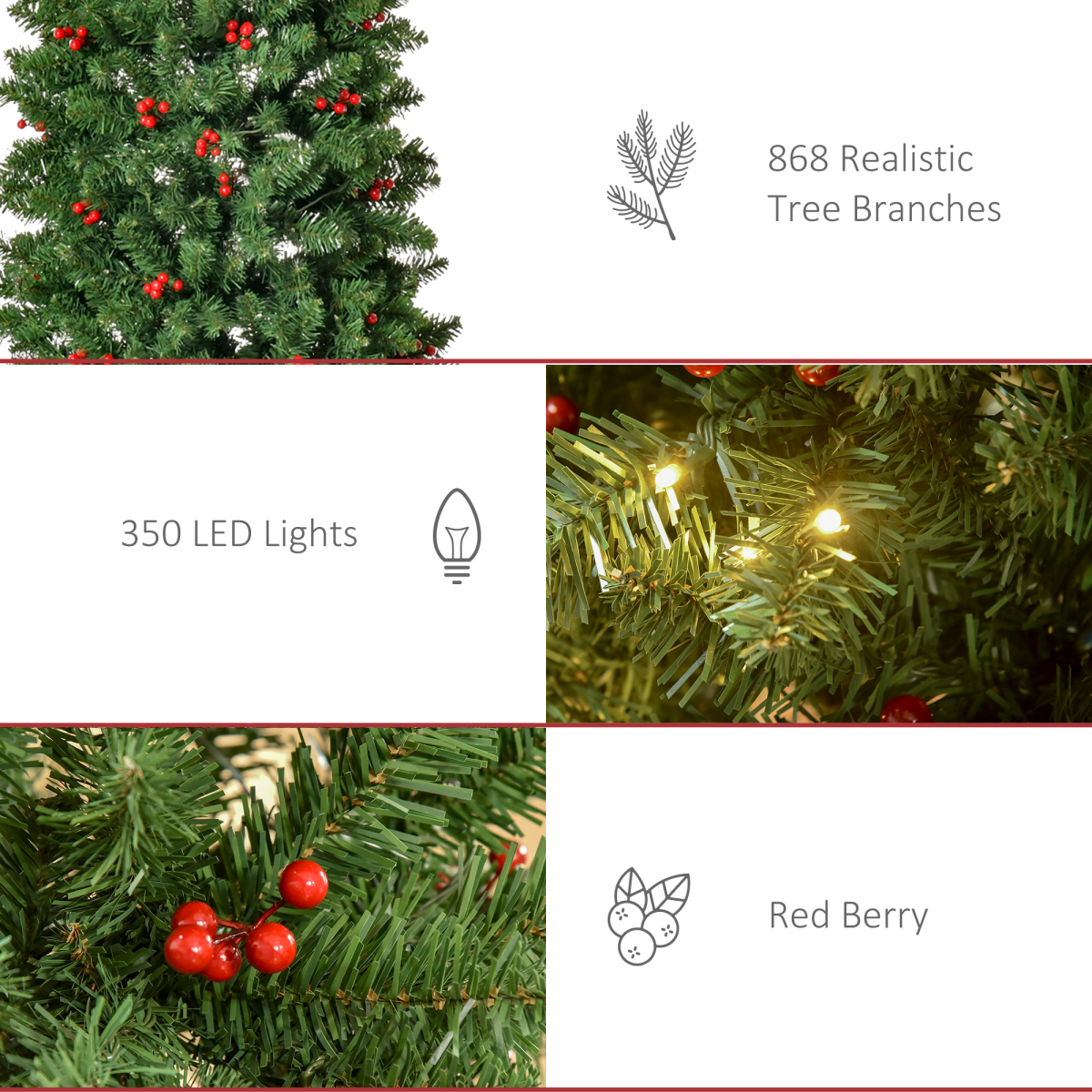 7FT Prelit Artificial Pencil Christmas Tree Warm White LED Red Berry Green