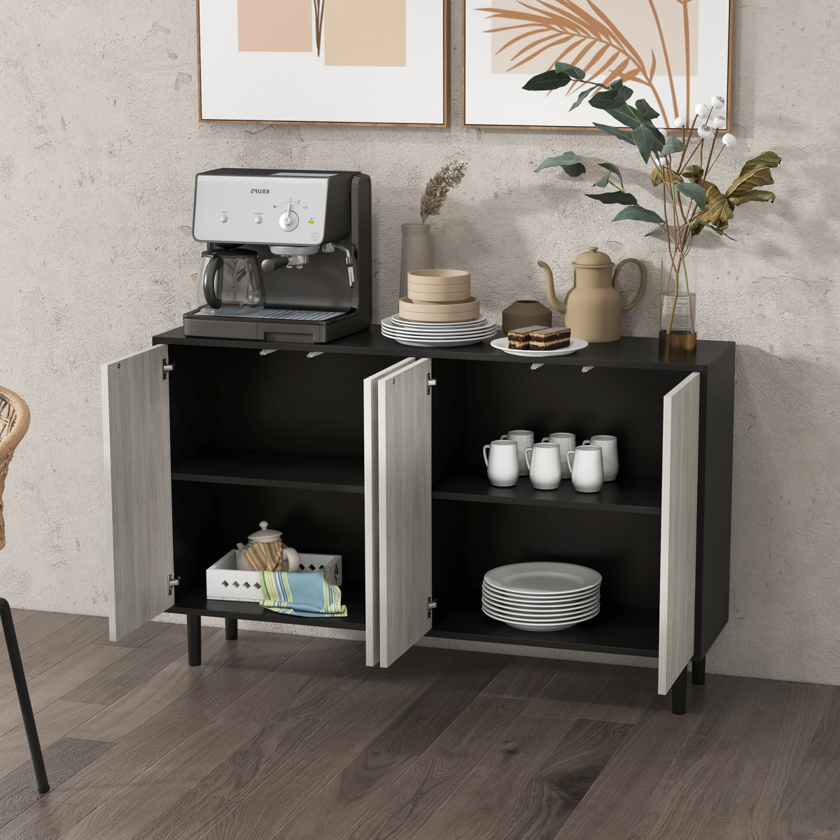HOMCOM Sideboard Storage Cabinet for Living Room with Adjustable Shelves Black
