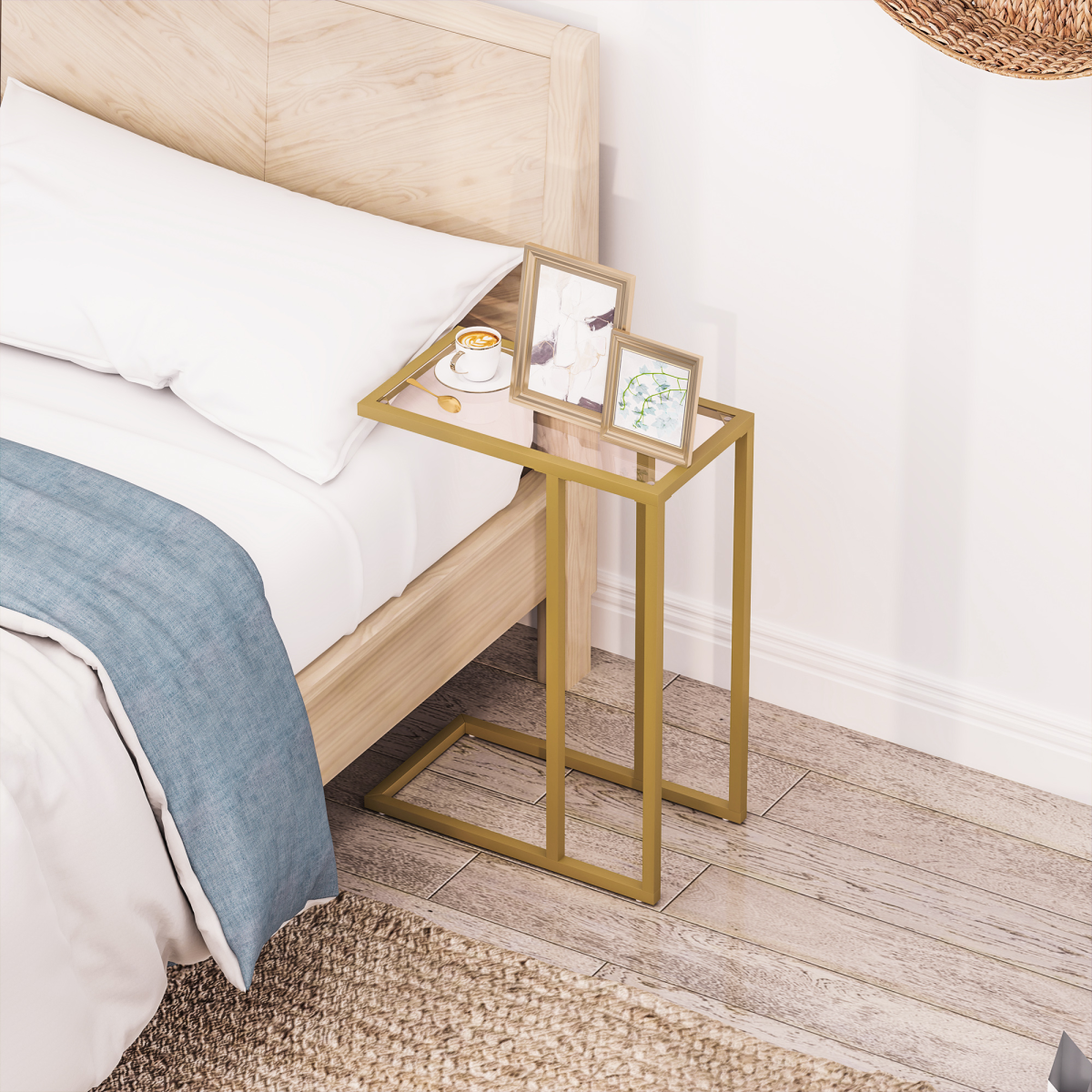 HOMCOM C-Shaped Side Table, End Table with Tempered Glass Tabletop, Gold
