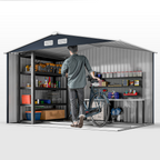 9 x 6FT Garden Roofed Metal Storage with Foundation Vent & Doors, Dark Grey