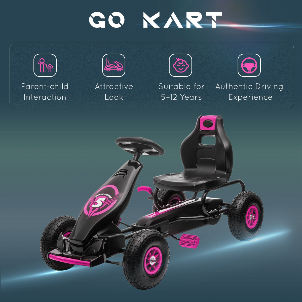 cortex-london-windsor-pink-childrens-pedal-go-kart-adjustable-seat-rubber-wheels-brake