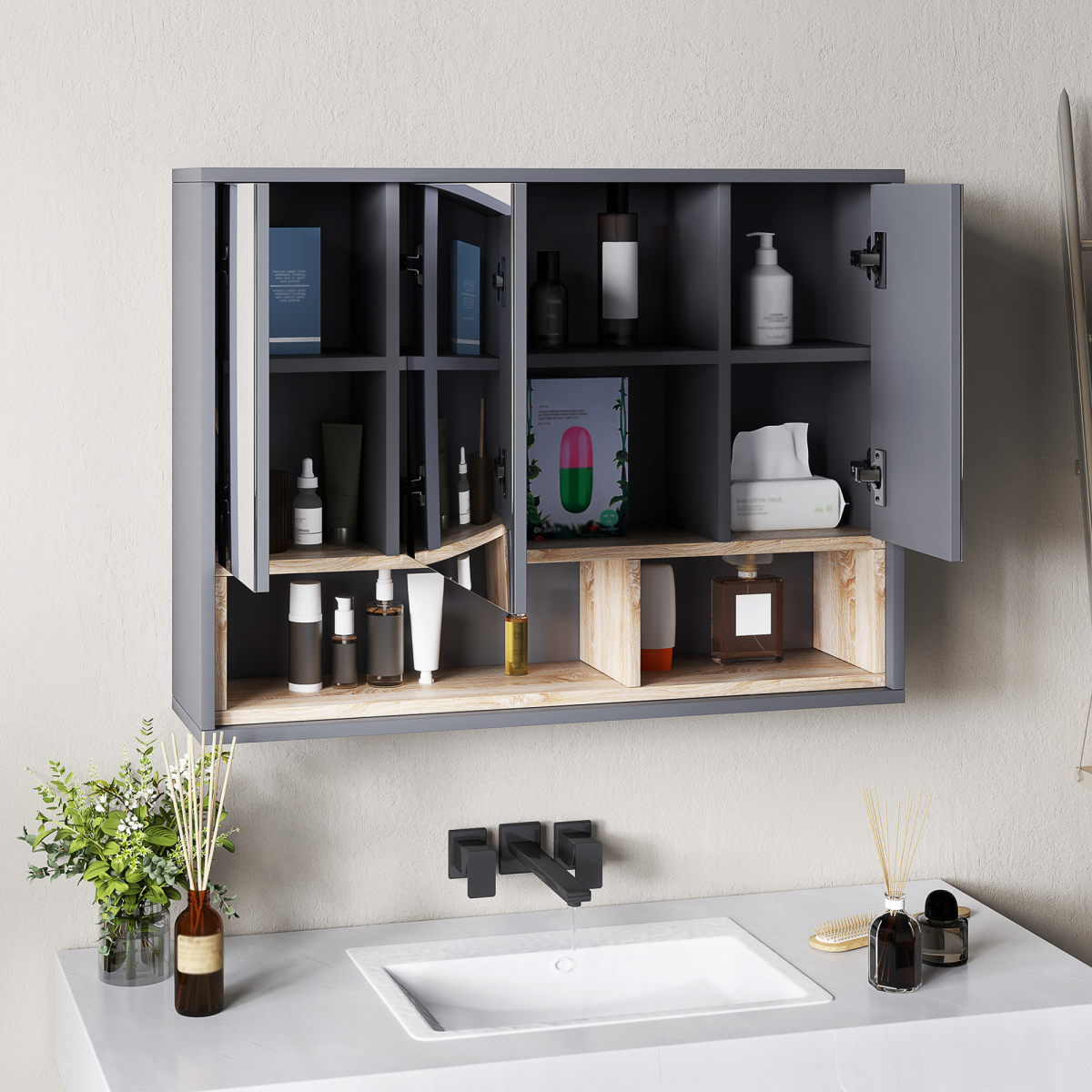 cortex-london-windsor-grey-wall-mounted-mirrored-bathroom-cabinet-mdf-glass-eight-compartment-storage-shelves