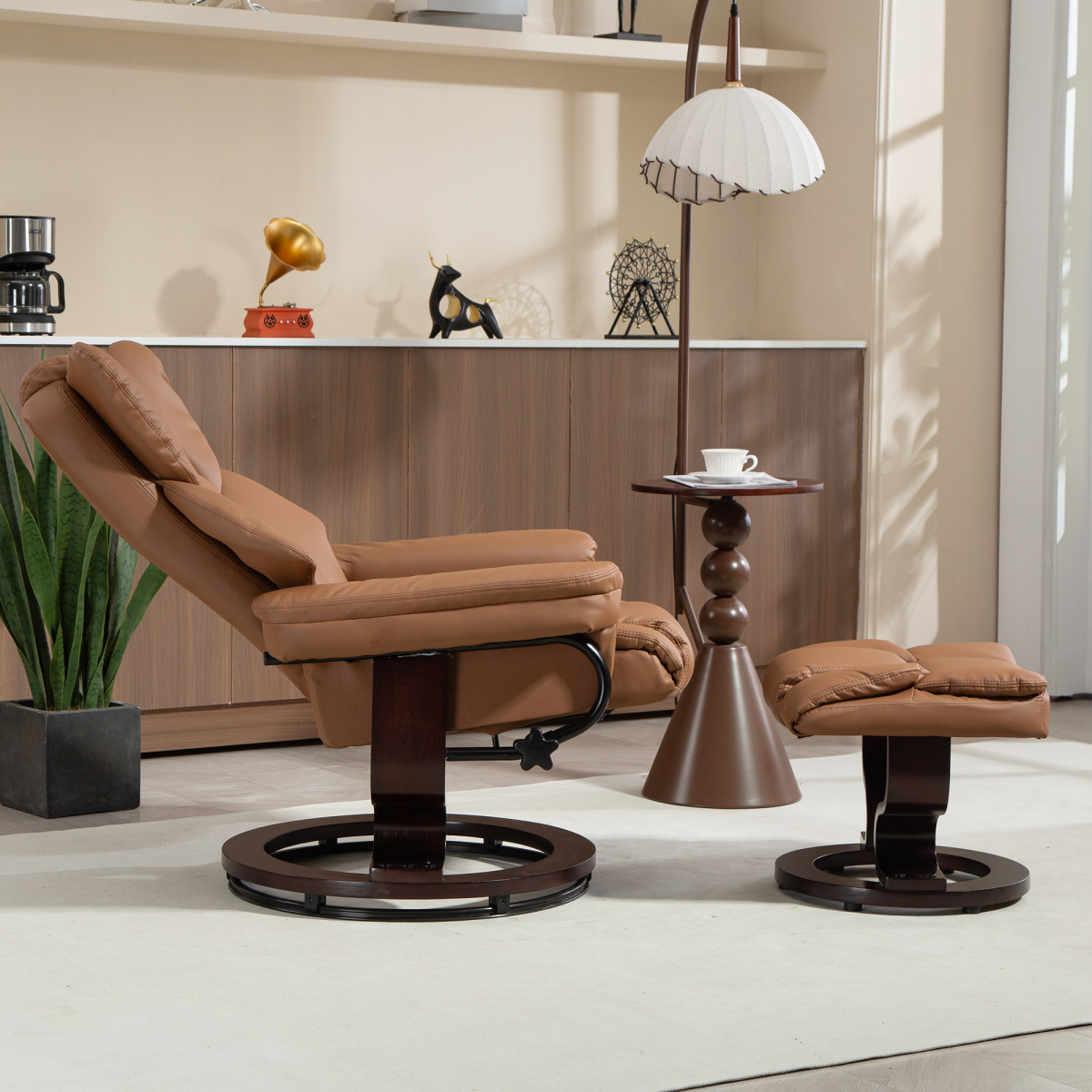 HOMCOM PU Leather Manual Reclining Armchair Footstool Padded Seat Brown