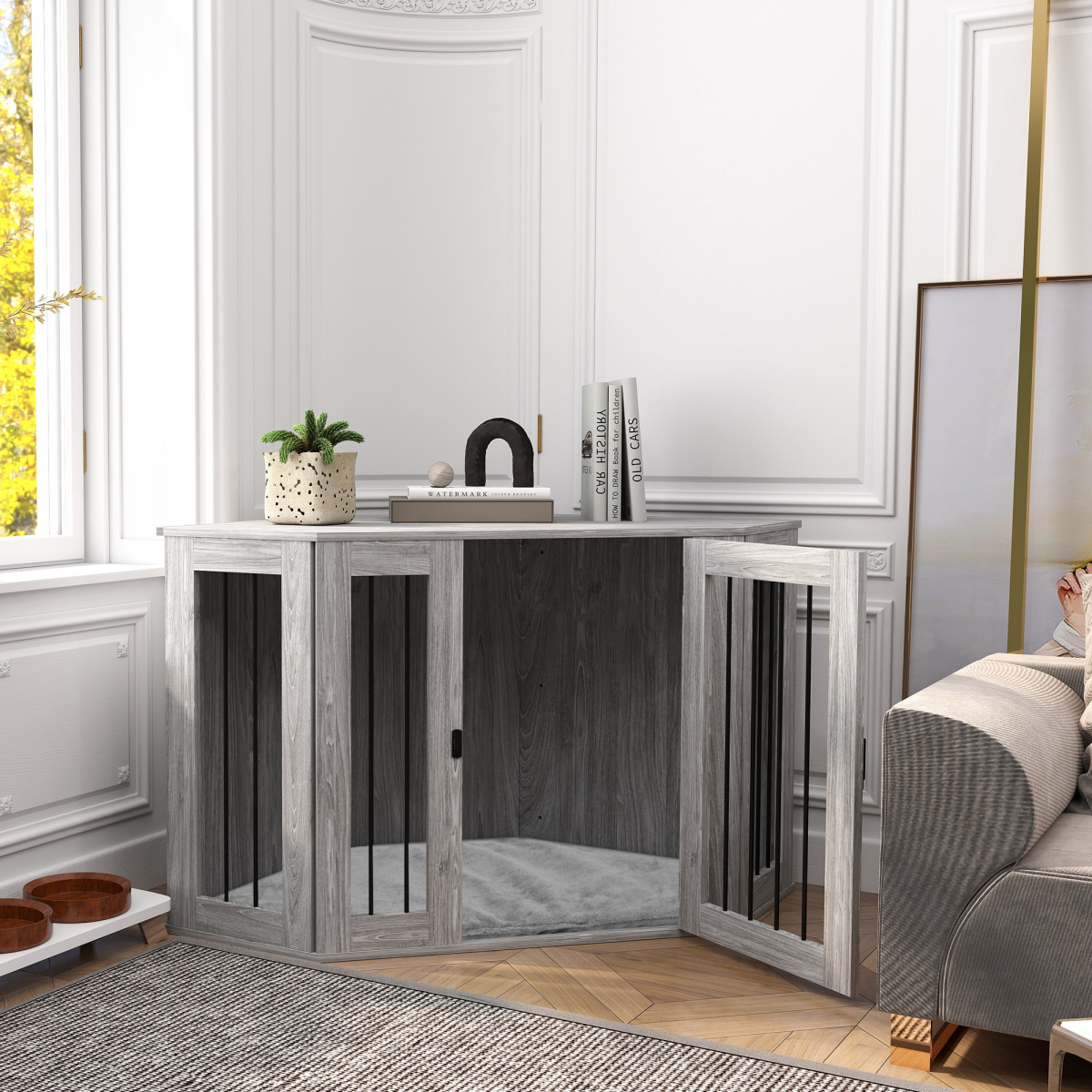 cortex-london-kensington-grey-medium-dog-crate-side-table-cushion