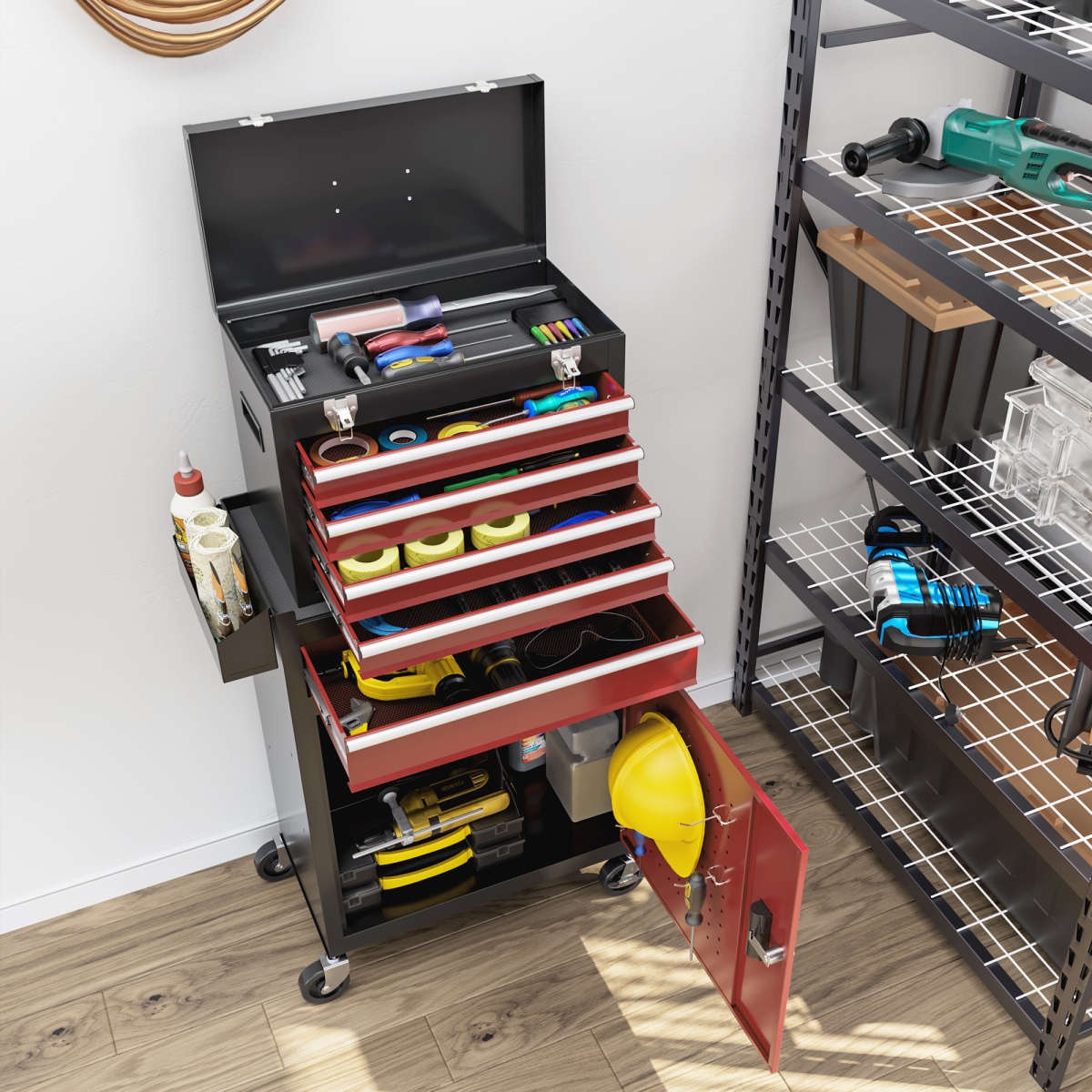 cortex-london-windsor-steel-tool-cabinet-on-wheels-five-drawers-black-red