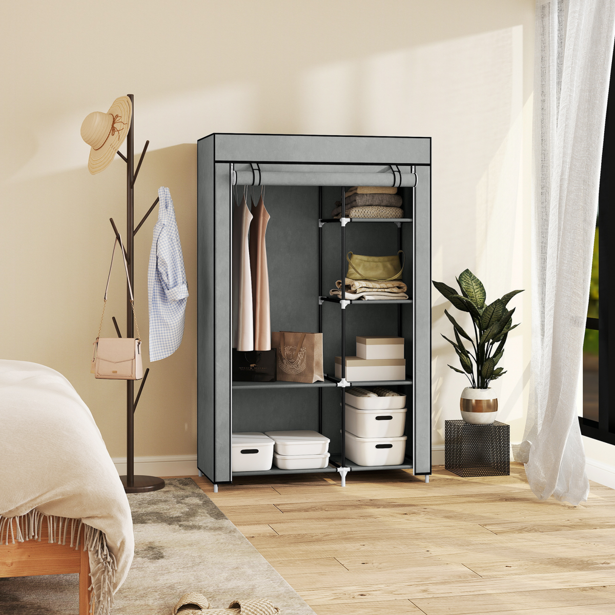 cortex-london-kensington-fabric-wardrobe-six-shelves-hanging-rail-light-grey