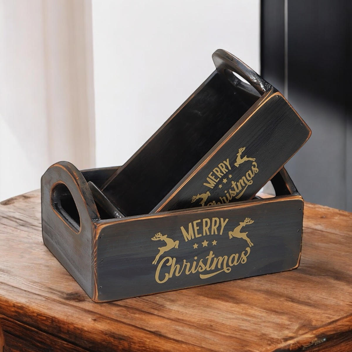 Durable & Stackable Vintage Black Merry Xmas Storage Crate with Compartments Set of 2 – Stylish Display Containers for Home Organization, Garden-Themed, and Home Decor (Merry Christmas Art)