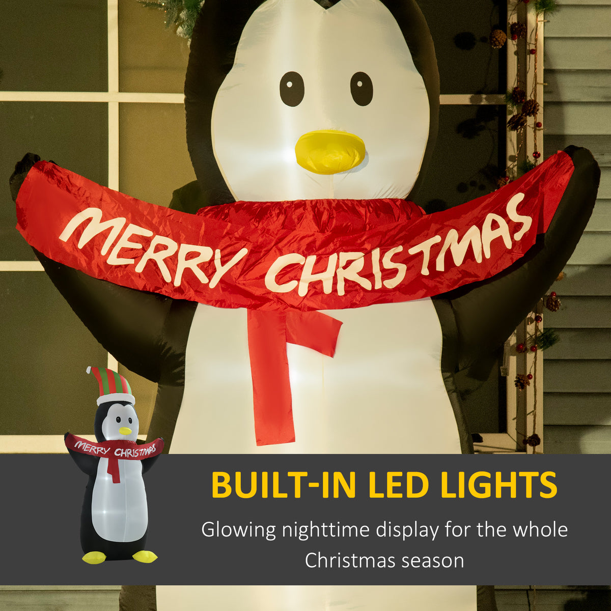 HOMCOM 8ft Inflatable Penguin & Christmas Banner Decoration Inner LED Lights