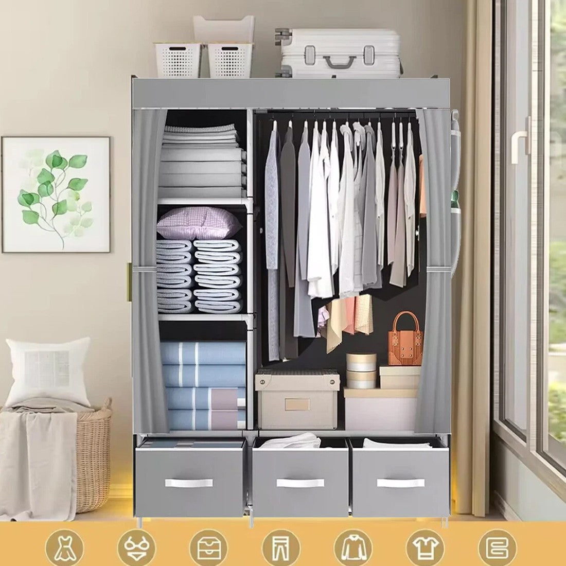 Large Fabric Canvas Wardrobe with Clothes Hanging Rail Shelving Storage Closet
