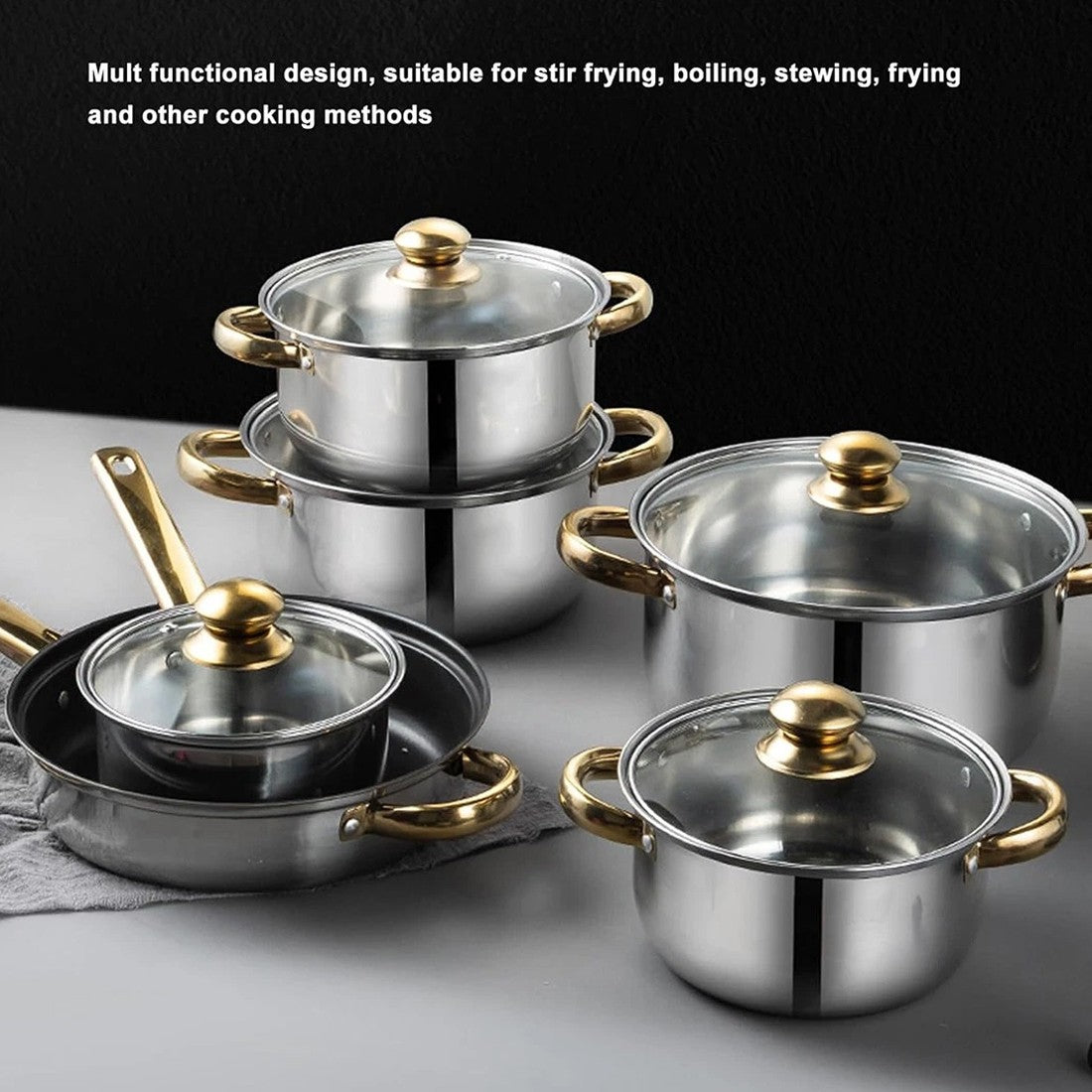 19 PCScookware set, including a non-stick saucepan, frying pan, and milk pan