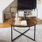 Industrial Round Side Table with Metal Frame, Large Tabletop, Rustic Brown