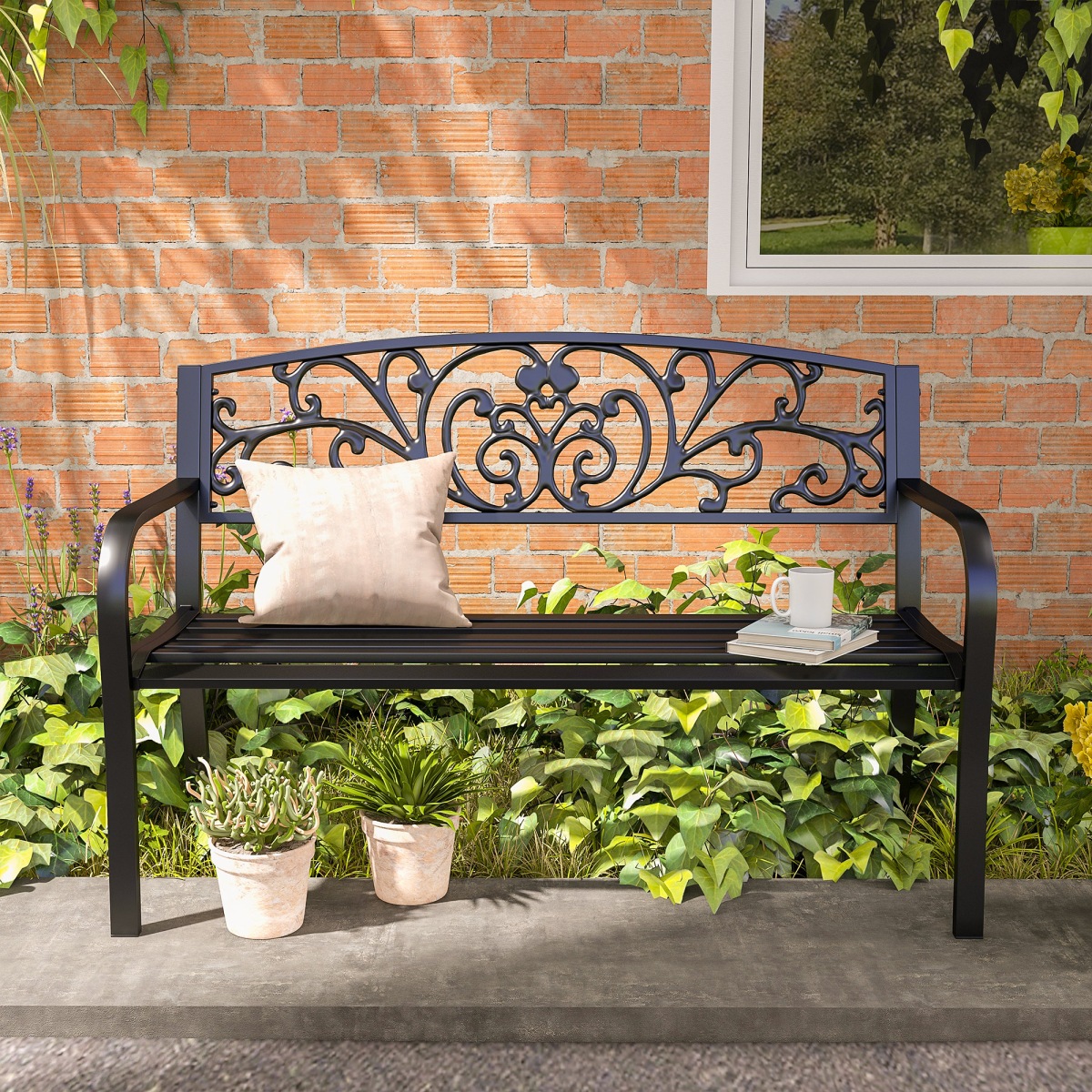 cortex-london-windsor-two-seater-steel-garden-bench-black-floral-backrest