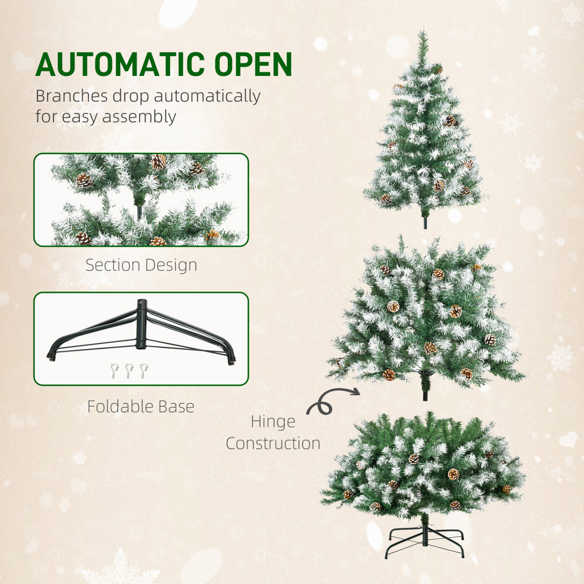 6FT Artificial Christmas Tree Pine Cones Xmas Home Deco Automatic Open Green