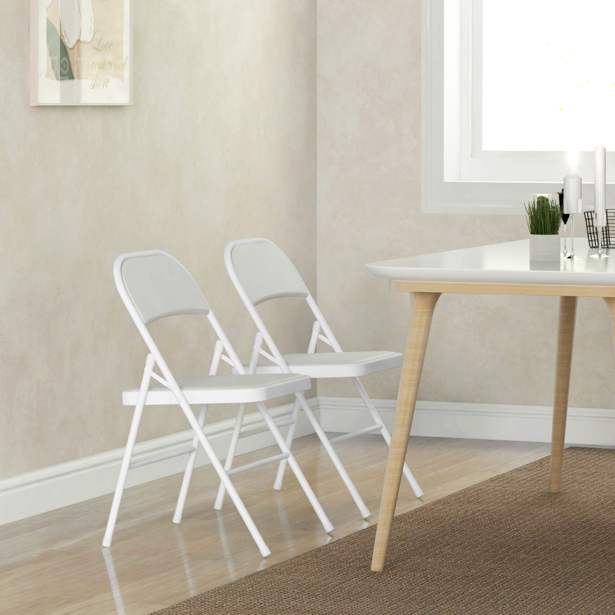 HOMCOM 2 Pack Padded Folding Chairs with Cushioned Seat and Metal Frame White