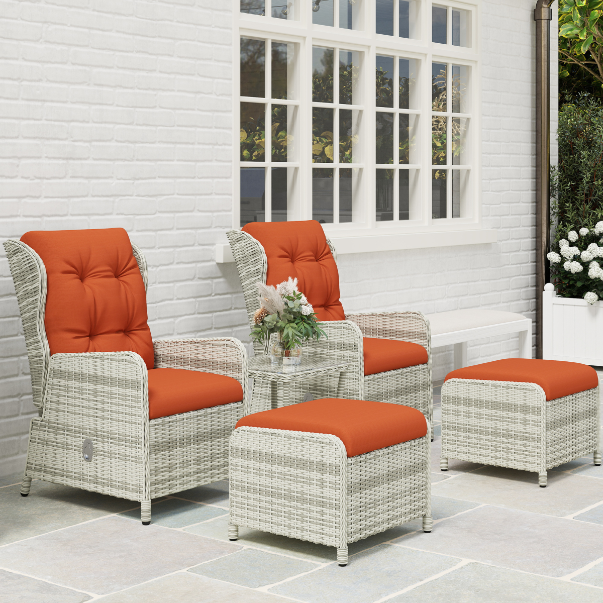 Outsunny Recliner Rattan Garden Furniture w/ Two-tier Table, Orange
