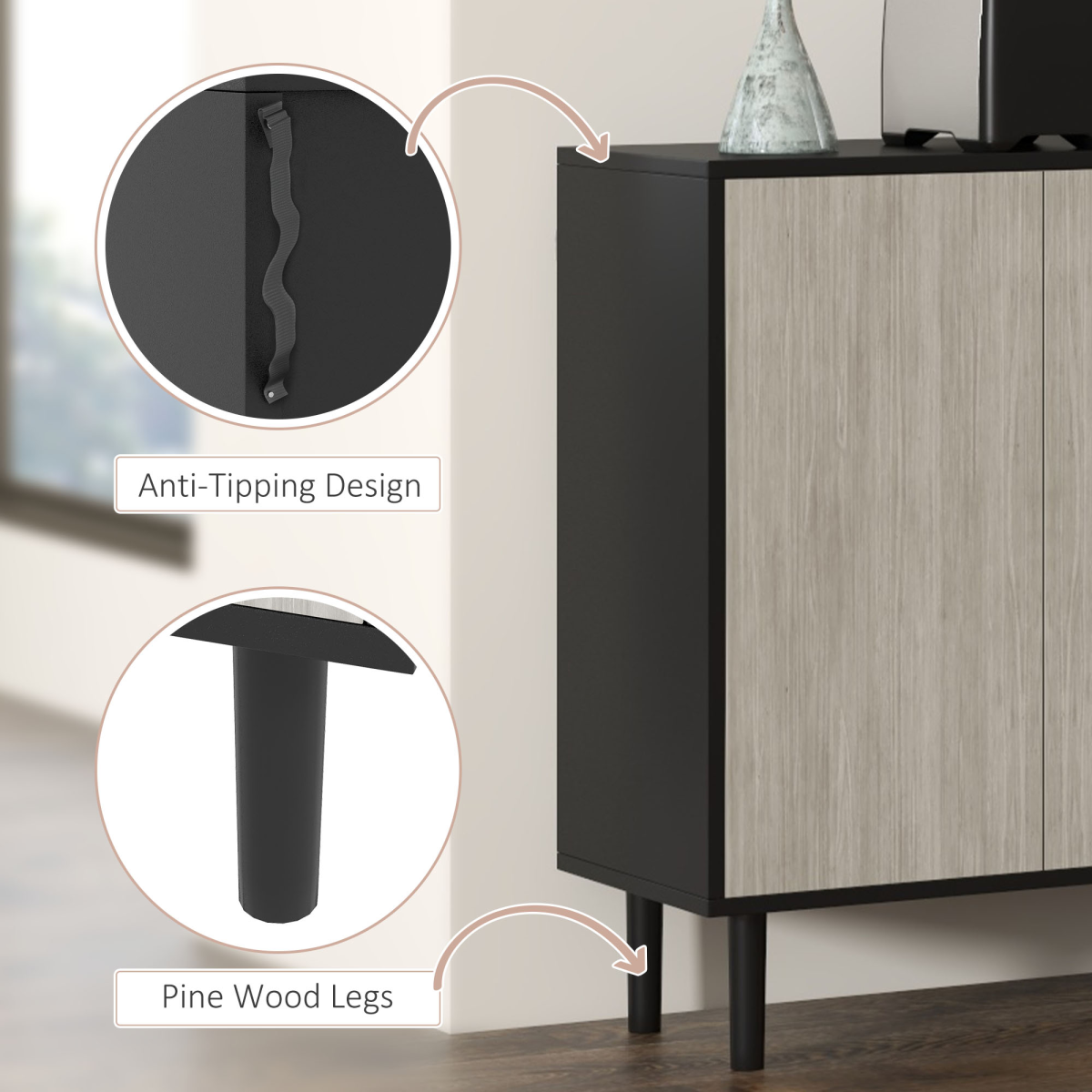 HOMCOM Sideboard Storage Cabinet for Living Room with Adjustable Shelves Black