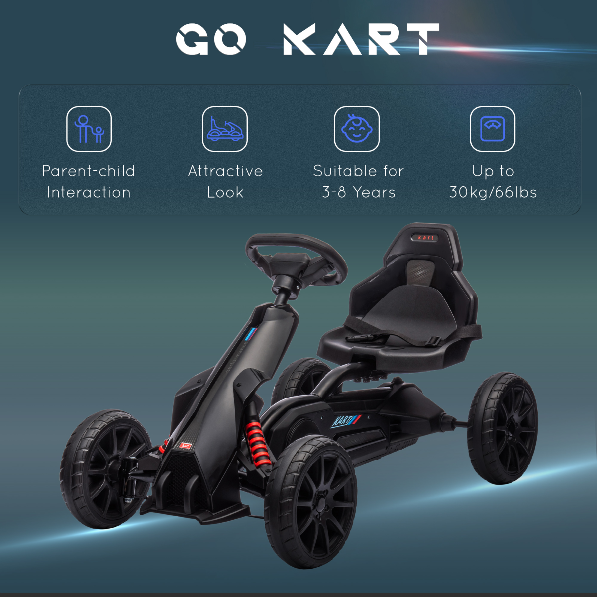 cortex-london-windsor-childrens-pedal-go-kart-black-adjustable-seat-handbrake