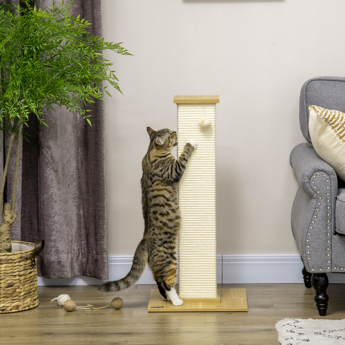 cortex-london-windsor-80cm-sisal-cat-scratching-post-toy-ball-oak-tone-cream-white