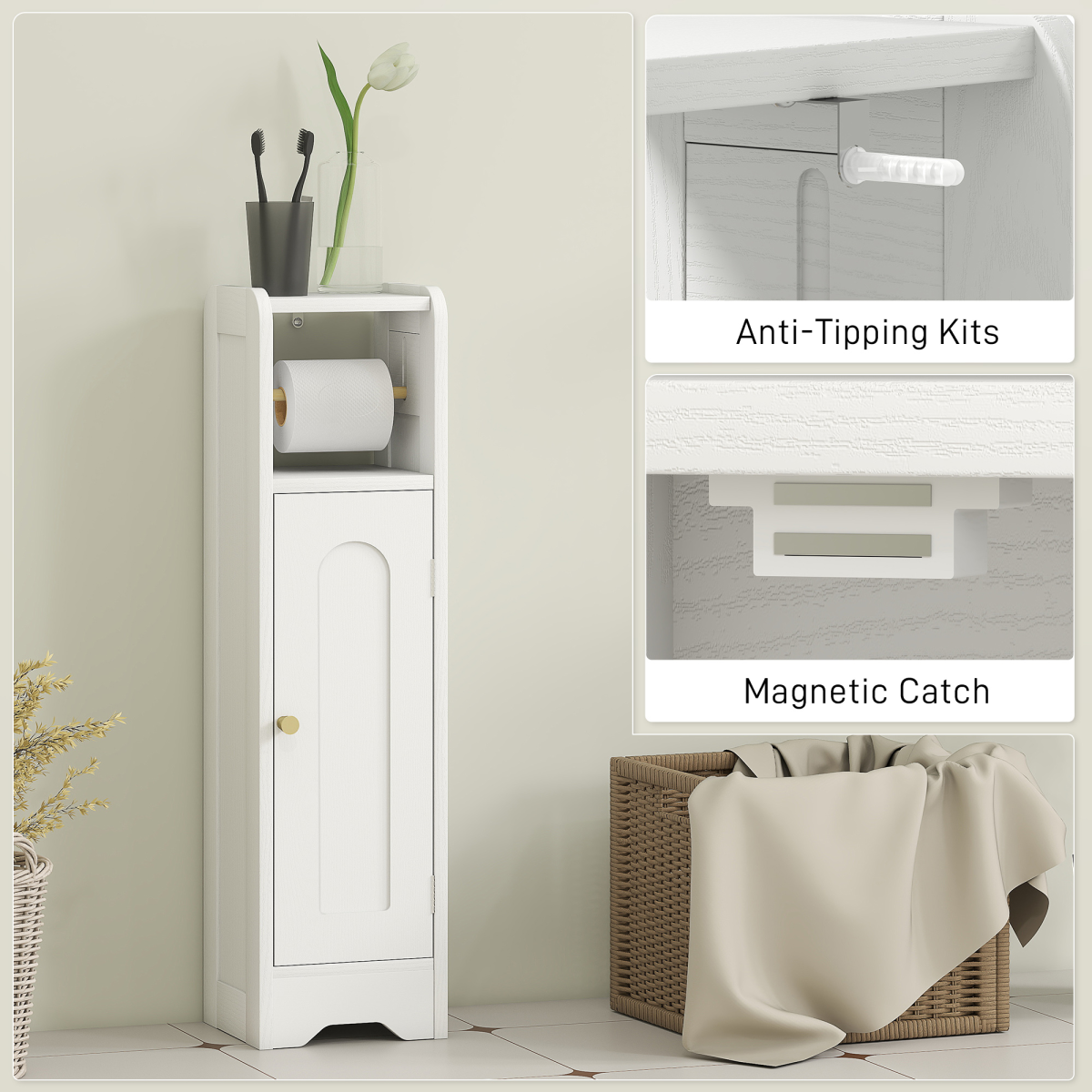 HOMCOM Toilet Roll Holder Slim Bathroom Cabinet with Adjustable Shelf White