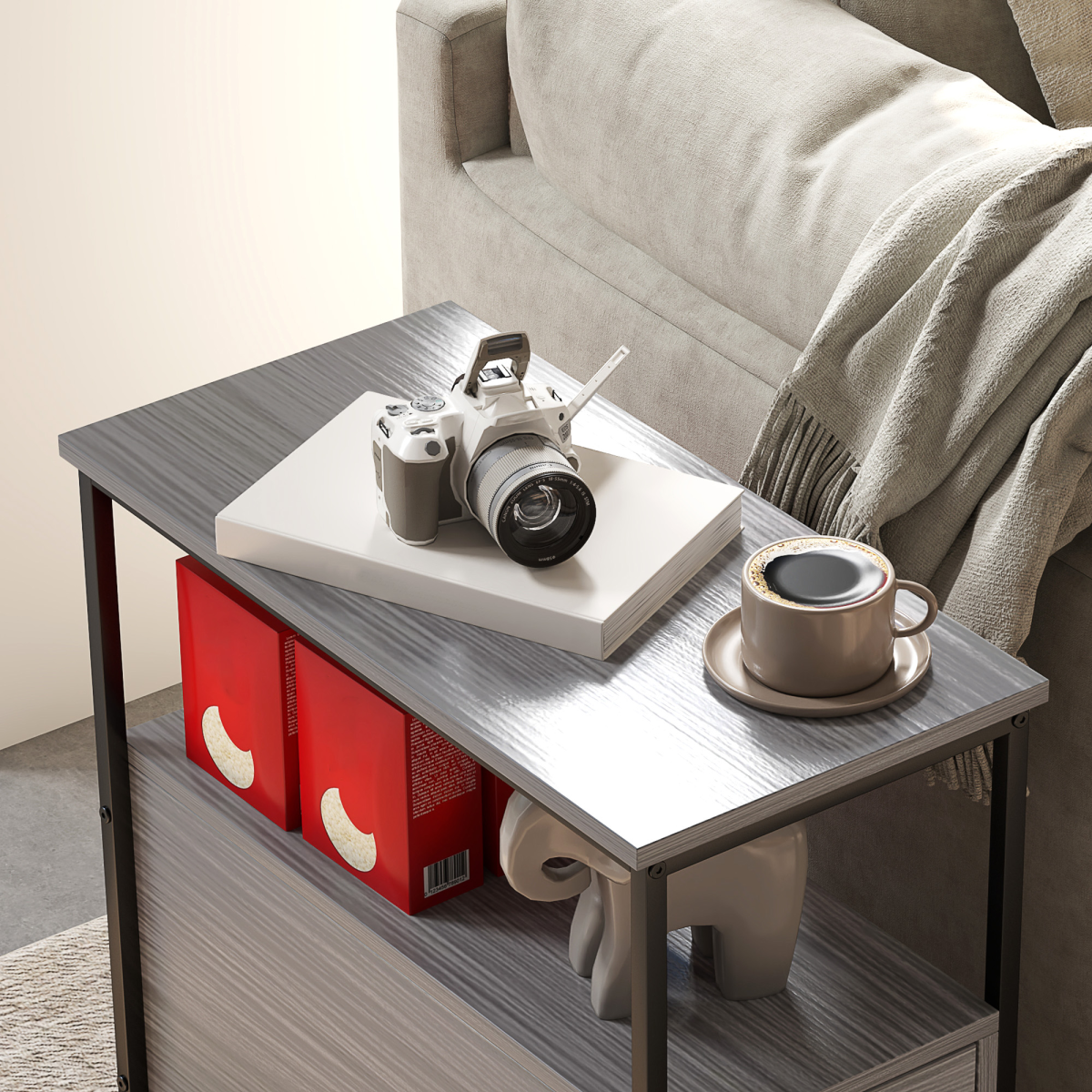 HOMCOM Narrow End Table, Sofa Side Table with 2 Drawers Storage Shelf, Grey