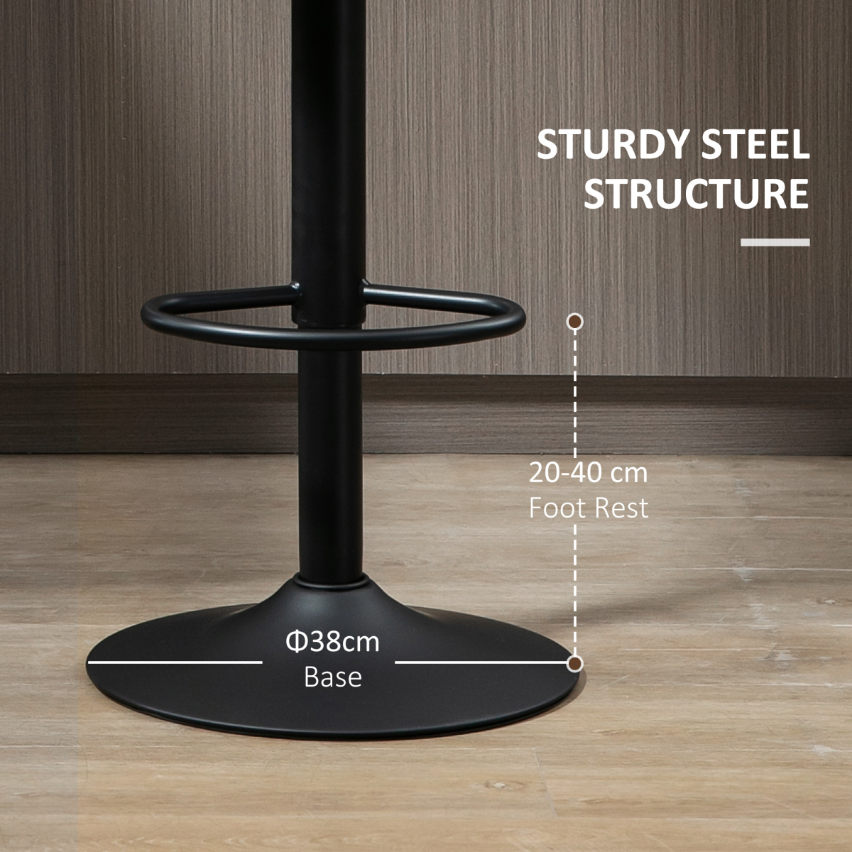 Set of 2, Barstools with Footrest and Backrest, Steel Frame Gas Lift Brown