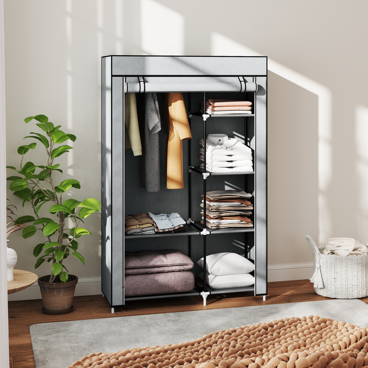 cortex-london-kensington-fabric-wardrobe-six-shelves-hanging-rail-light-grey